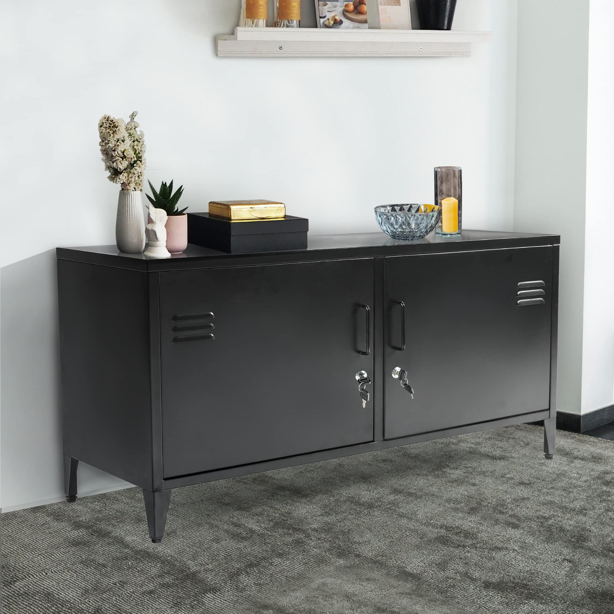 HOPUBUY 2-Door Black Metal Storage Cabinet - Steel Locker with Adjustable Shelves for Bedroom, Garage, Office Organization | Space-Saving Home & Office Storage Solution