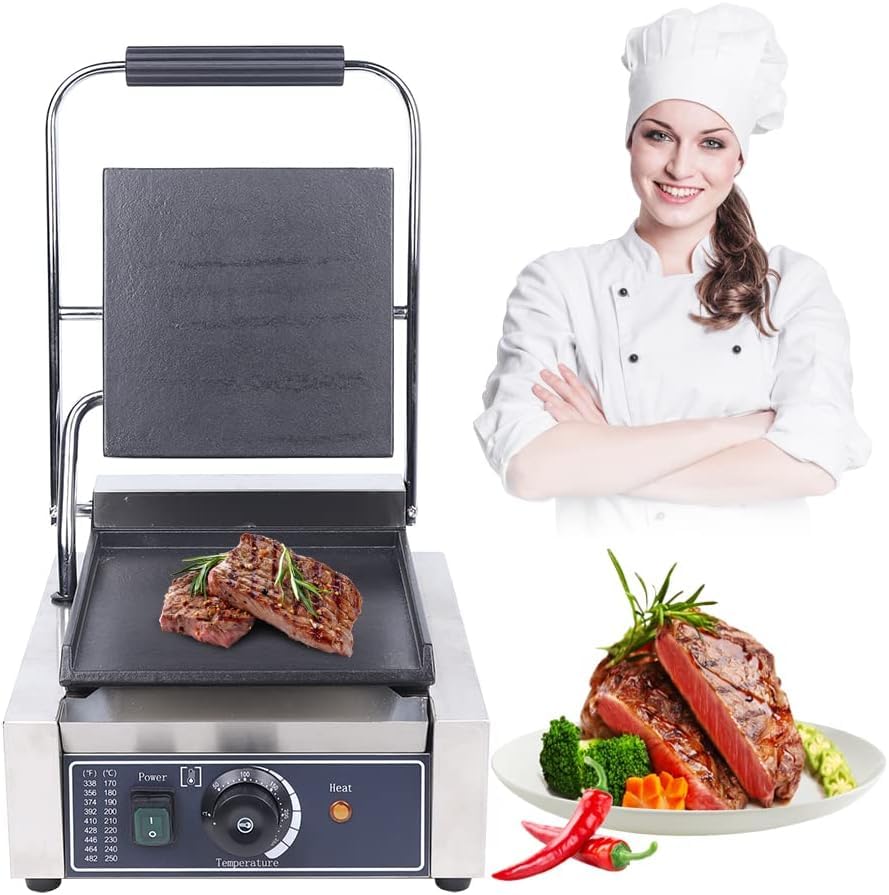 Commercial Electric Griddle 110V - 1800W Single Panini Press Grill & Sandwich Toaster with Smooth Flat Surface, Includes Cleaning Sponges - Perfect for Restaurants, Cafes, Food Trucks & Home Kitchens - Make Hamburgers, Paninis, Grilled Cheese & More