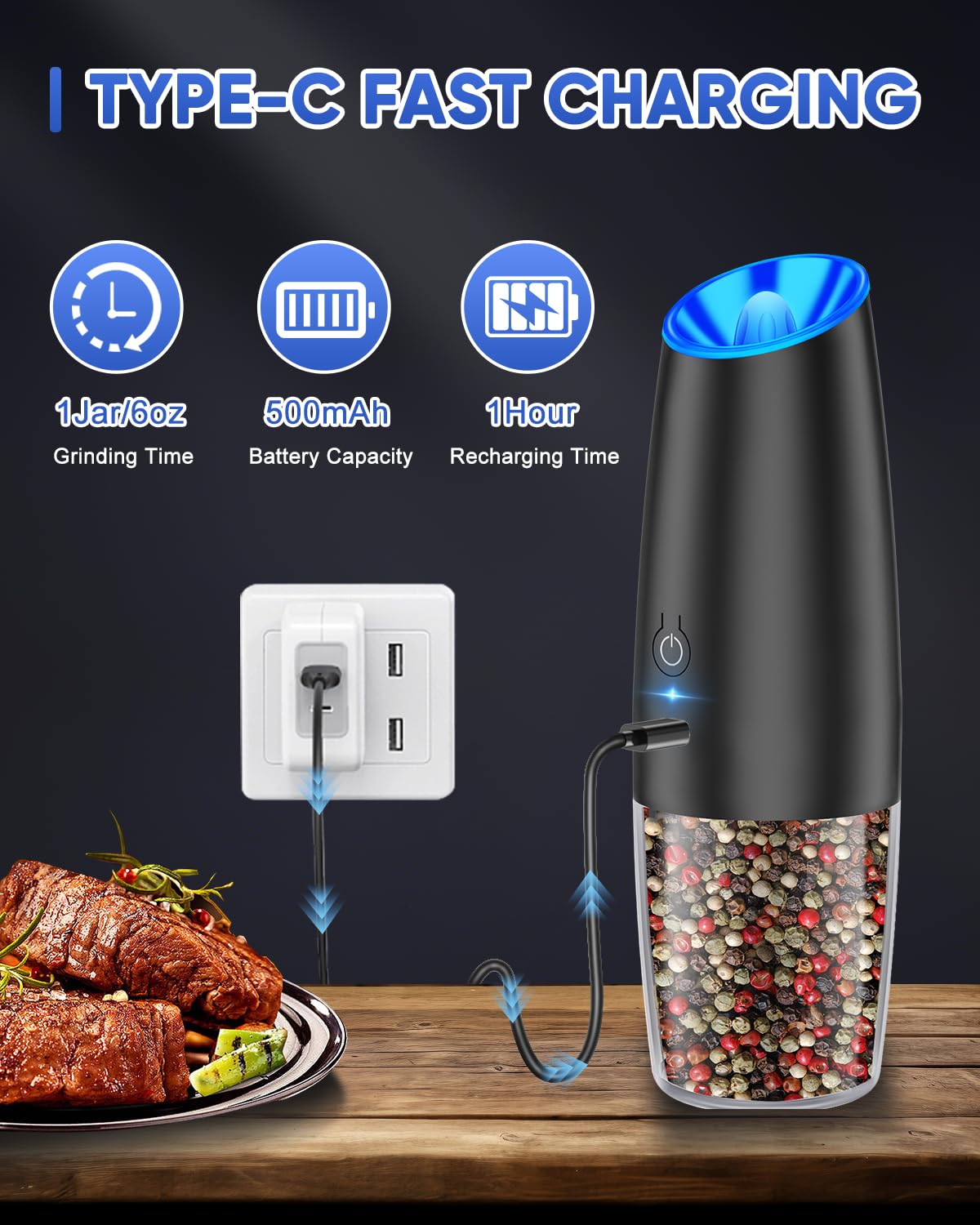 Rechargeable Electric Pepper and Salt Grinder Set - Adjustable Coarseness, LED Light, One-Hand Operation, Stainless Steel (2-Pack Black) - Perfect for Kitchen, Dining Table, Camping & Gifts