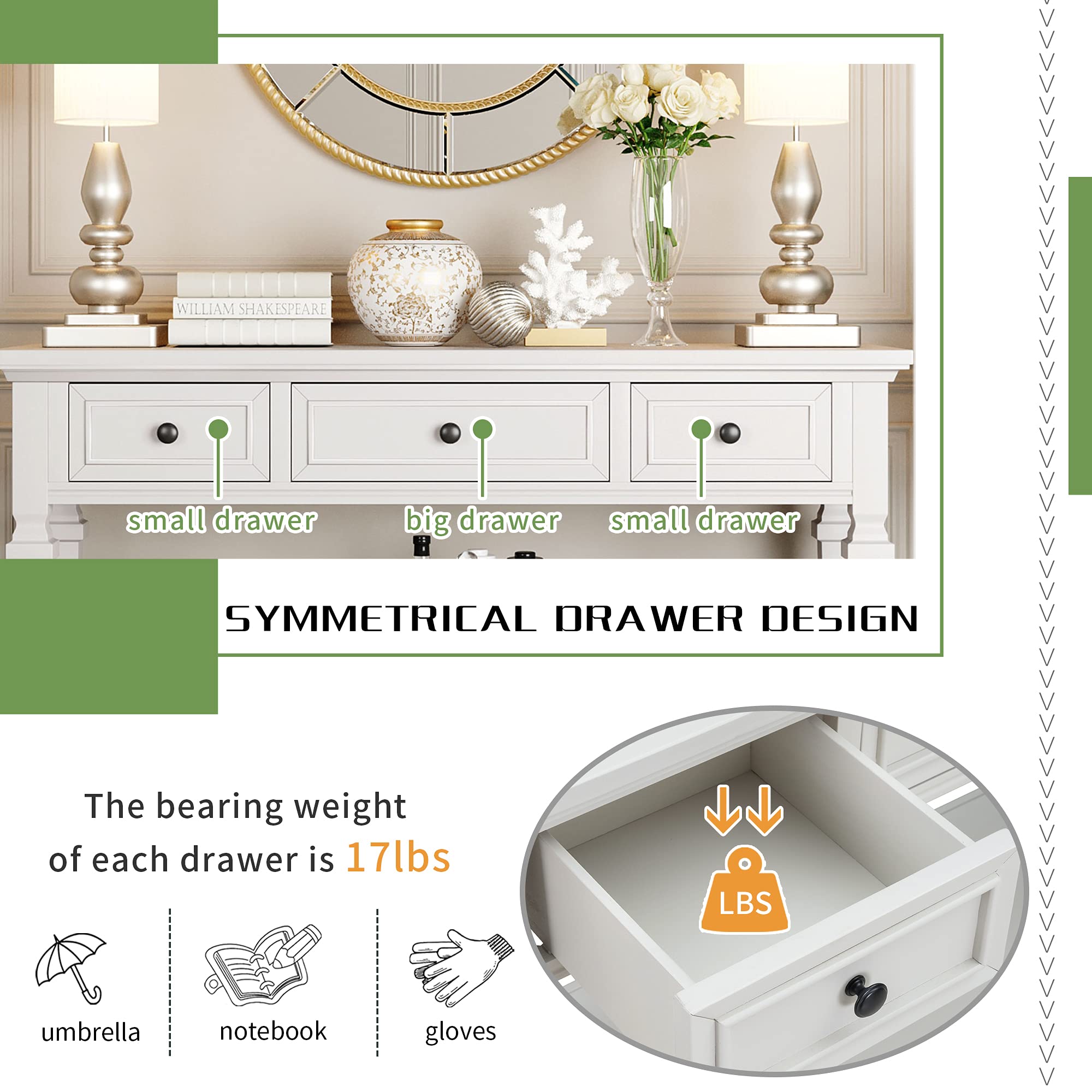 Harper & Bright Designs 3-Drawer Console Table with Open Bottom Shelf - Classic Retro Style Entryway Table for Living Room, Hallway & Bedroom - Antique White Finish | Perfect for Home Decor, Small Space Storage & Entry Organization