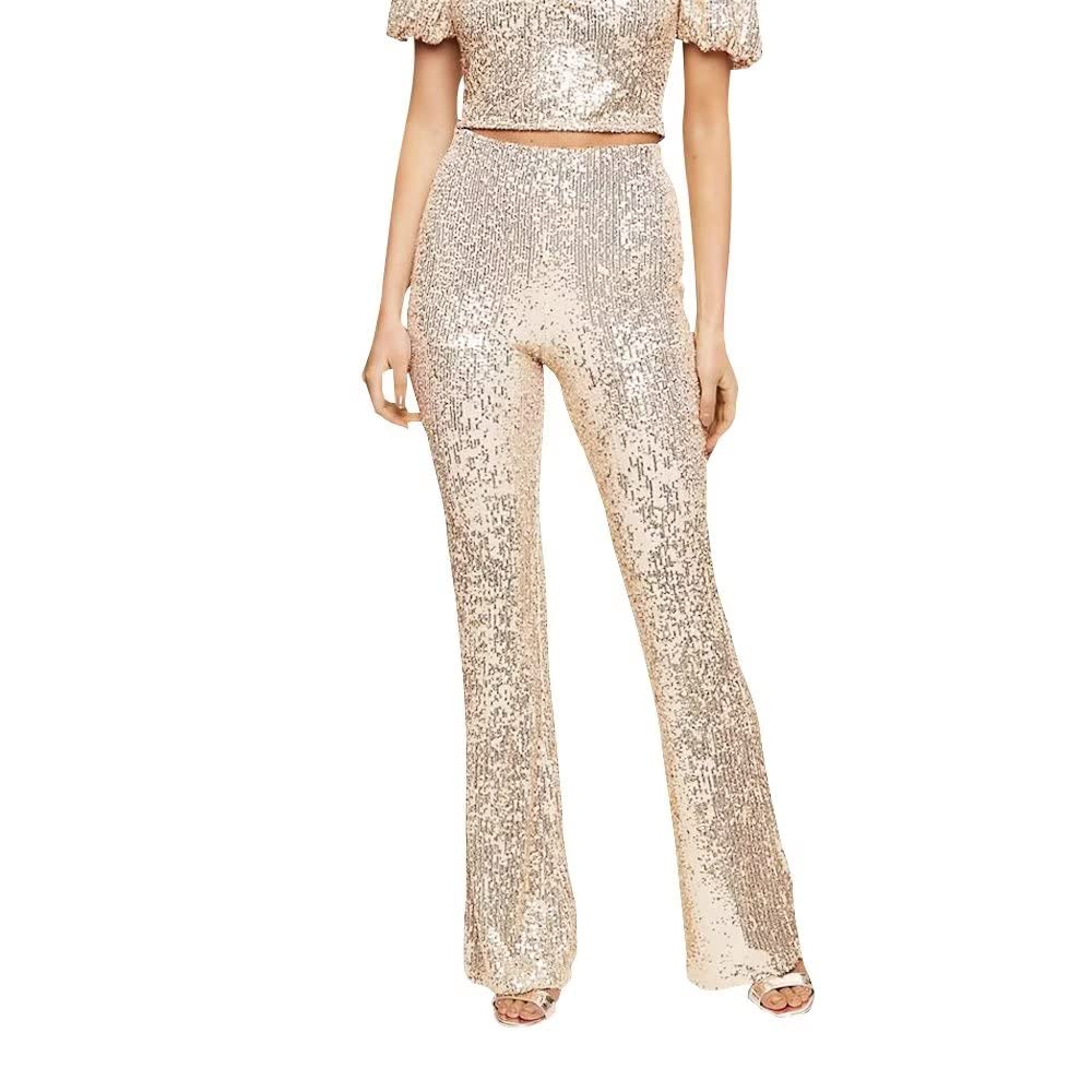 Women's Sequin Flare Pants - High Waist Glitter Wide Leg Bell Bottom Yoga Pants for Casual Wear, Party & Night Out