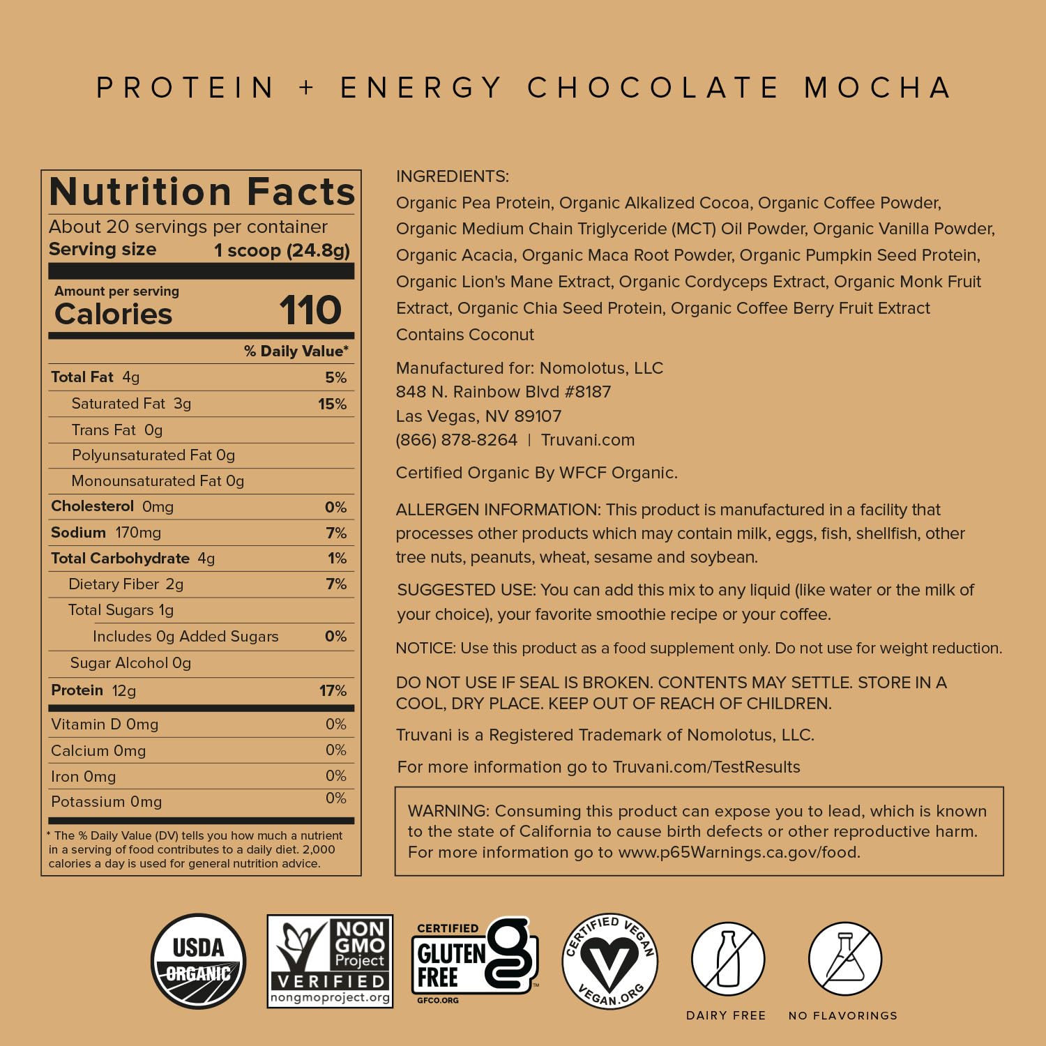 Truvani Protein + Energy Drink Mix with 87mg Caffeine - Chocolate Mocha Flavor | 12g Organic Plant-Based Protein | USDA Organic Coffee Powder & Adaptogens | Gluten-Free, Dairy-Free, Vegan | 20 Servings | Perfect for Workouts, Morning Boost & Active Lifestyles
