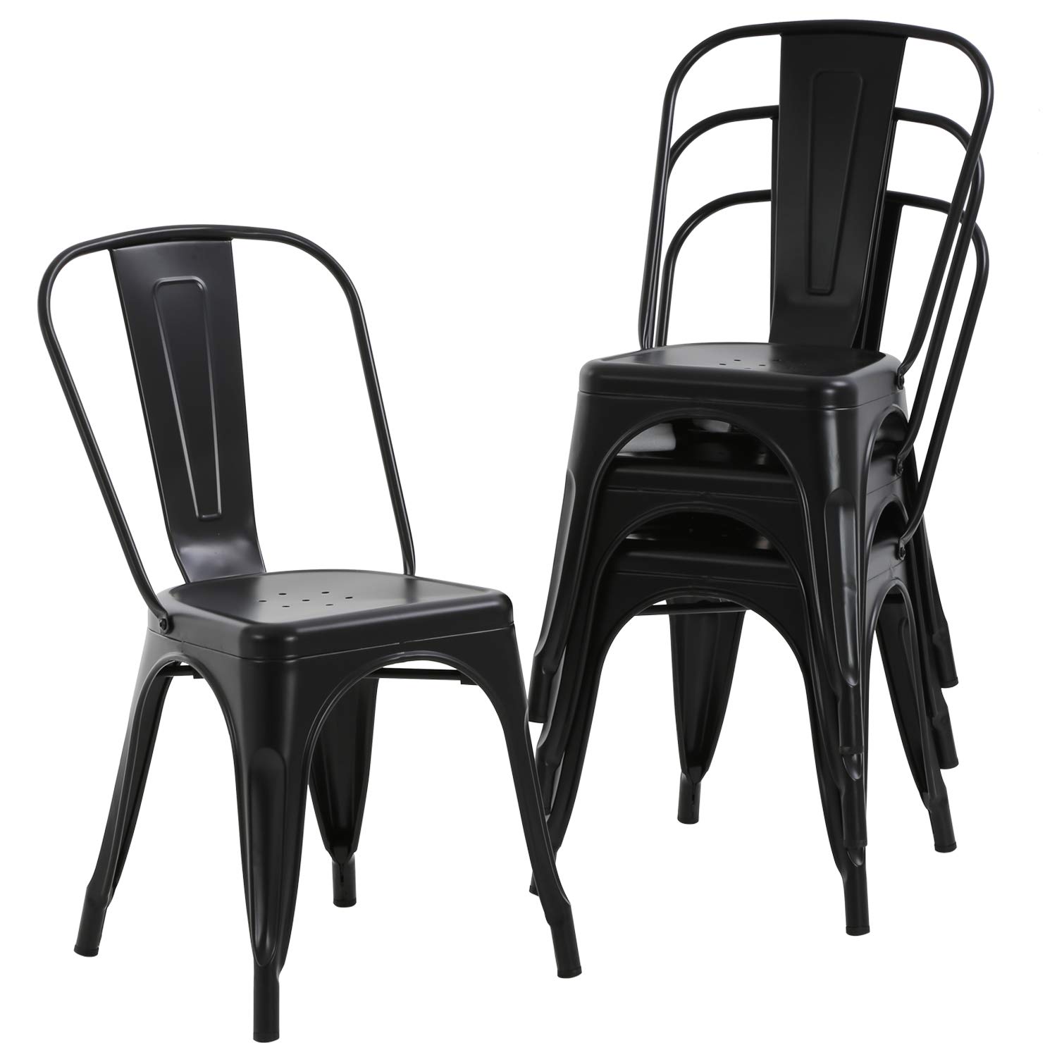 HCB 4-Pack Metal Dining Chairs - Heavy Duty 330 LBS Capacity Stackable Indoor/Outdoor Kitchen & Patio Chairs with Back Support - Perfect for Restaurants, Cafes, and Home Dining (Black)