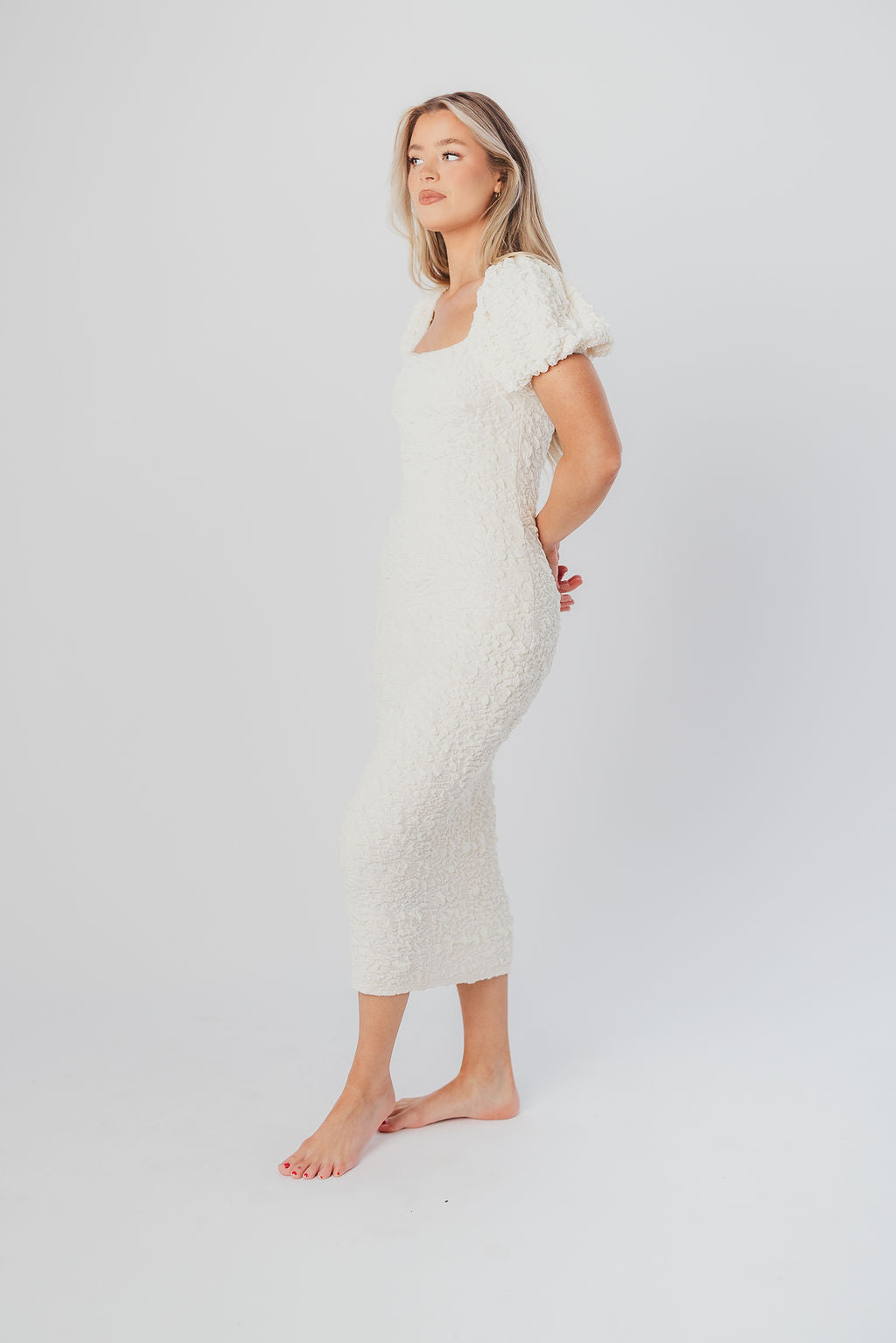 Blakeley Textured Midi Dress in Ivory - Bump Friendly Maternity Dress & Inclusive Sizing (S-3XL) | Perfect for Baby Showers, Bridal Events & Everyday Wear