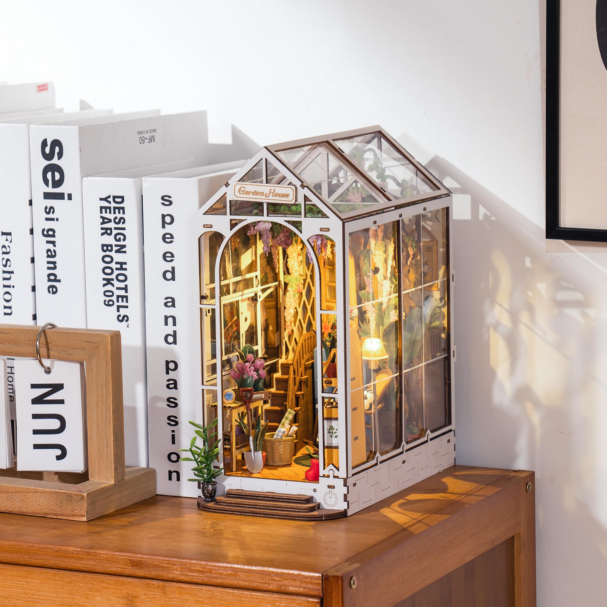 ROBOTIME DIY 3D Wooden Book Nook Kit - Miniature Garden House Model with LED Lights, Creative Bookshelf Insert & Bookend Decor | Perfect for Home Office, Library Display, and Unique Gift for Puzzle Lovers