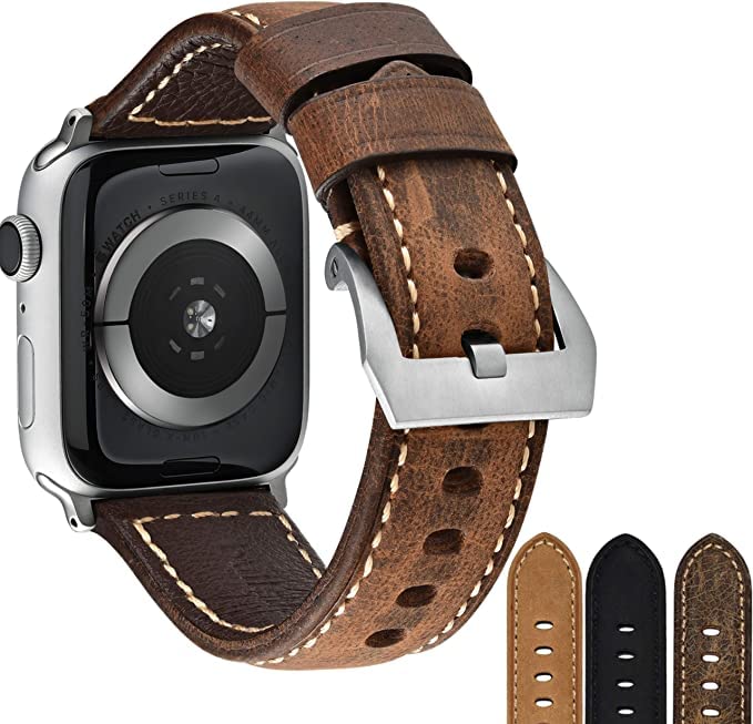 Premium Bullstrap Men's Full-Grain Italian Leather Watch Band - Compatible with Apple Watch Series 1-8 - Durable & Stylish Replacement Strap for Work, Travel & Everyday Wear