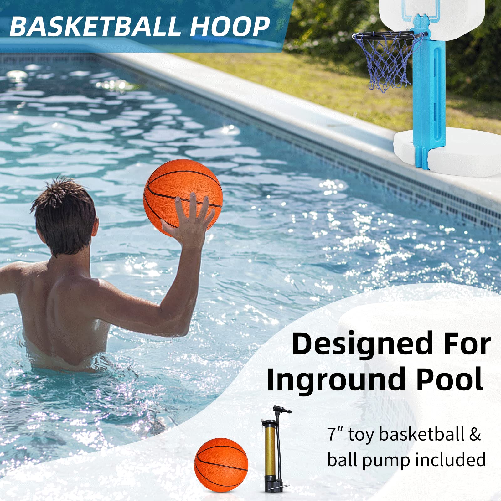 Blue Bay 2-in-1 Pool Basketball and Volleyball Set - Adjustable Inground Swimming Pool Hoop with Net for Family Fun, Outdoor Water Games, and Backyard Pool Party Activities