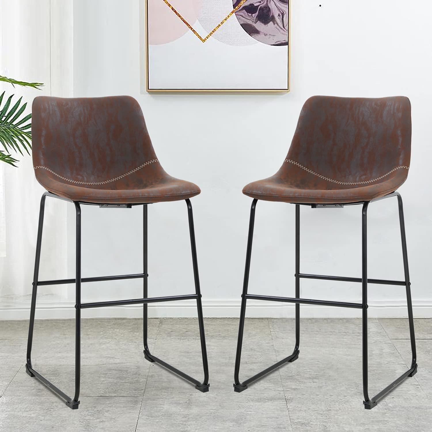 Premium Genuine Leather Dining Chairs Set of 2 - Modern Kitchen Counter Stools with Back Support 19x19x37 Inches - Perfect for Home Office, Breakfast Bar & Kitchen Island (Brown)