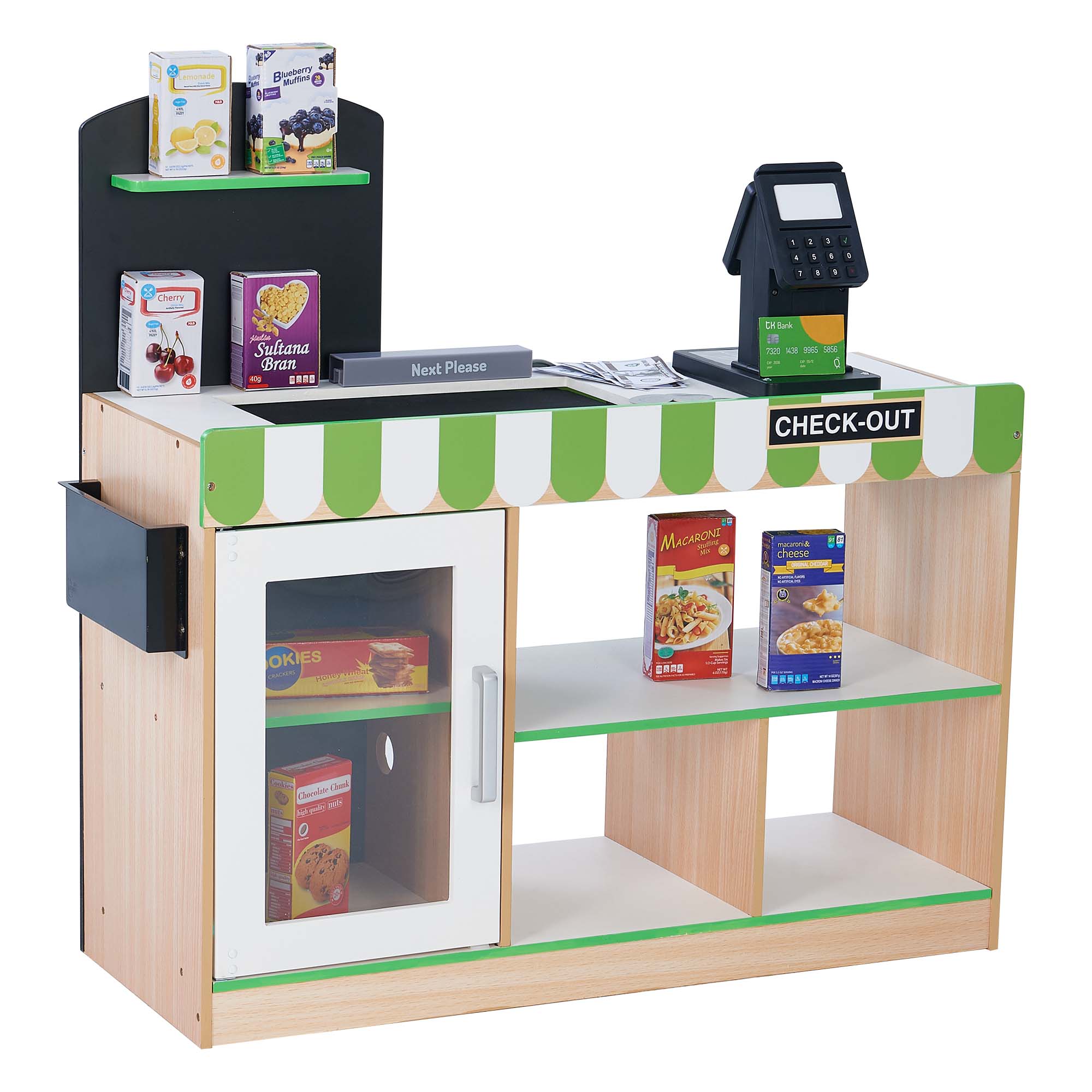Teamson Kids Wooden Play Market Stand - Interactive Cashier Toy with Lights, Sounds & Conveyor Belt for Pretend Play | Green & White Decor | Perfect for Preschool Learning & Role-Playing Games at Home or Classroom