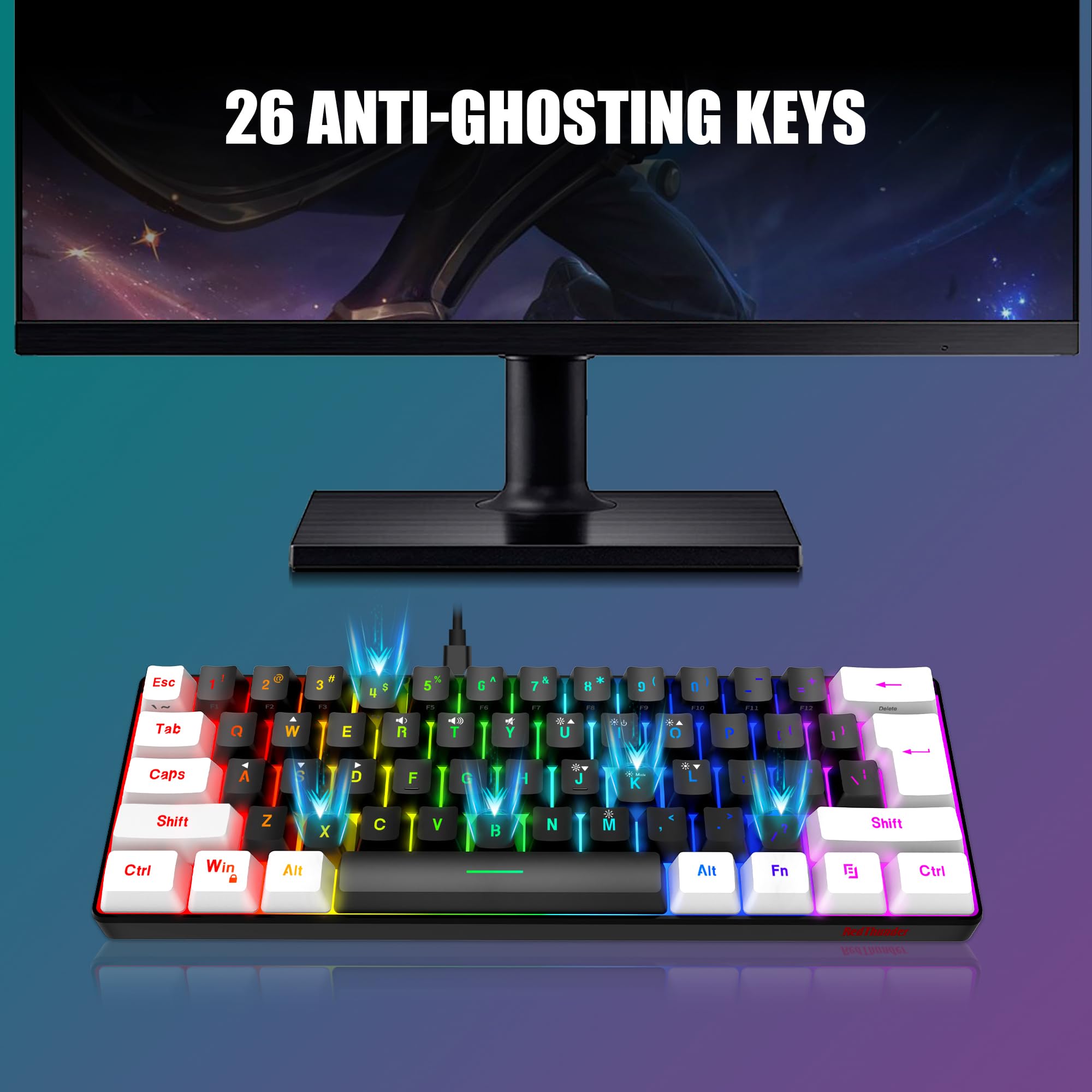 RedThunder 60% Mechanical Gaming Keyboard and Mouse Combo - 61-Key RGB Backlit Compact Keyboard with 7200 DPI Honeycomb Optical Mouse - Wired RGB Gaming Set for PC, PS5, Xbox (Black-White) - Perfect for Esports, Streaming & Office Work