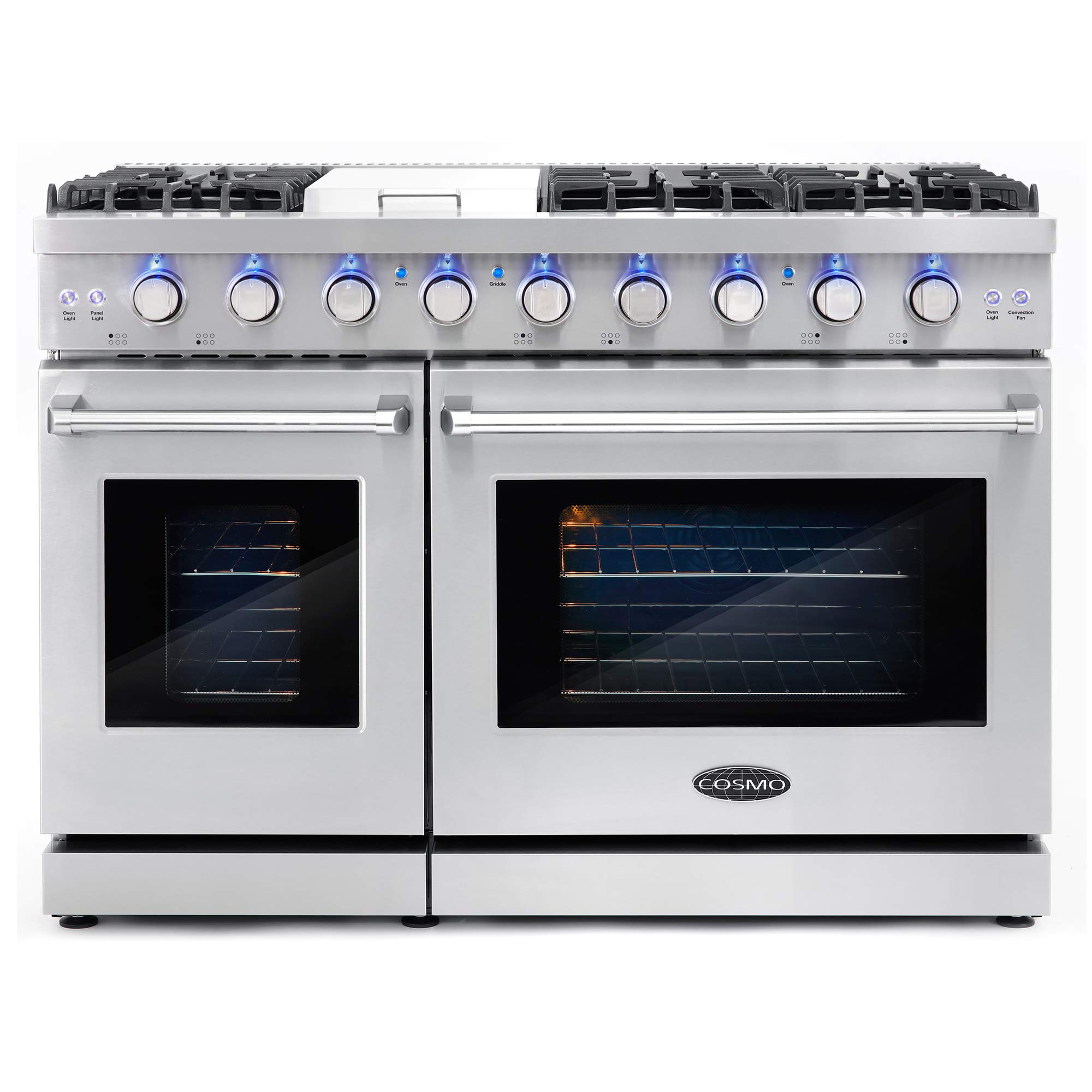 COSMO COS-EPGR486G 48-Inch Stainless Steel Gas Range - 6.8 cu. ft. Double Oven, 6 Burners with Griddle & Convection - Knob LED Lights - Perfect for Large Family Kitchens & Holiday Cooking