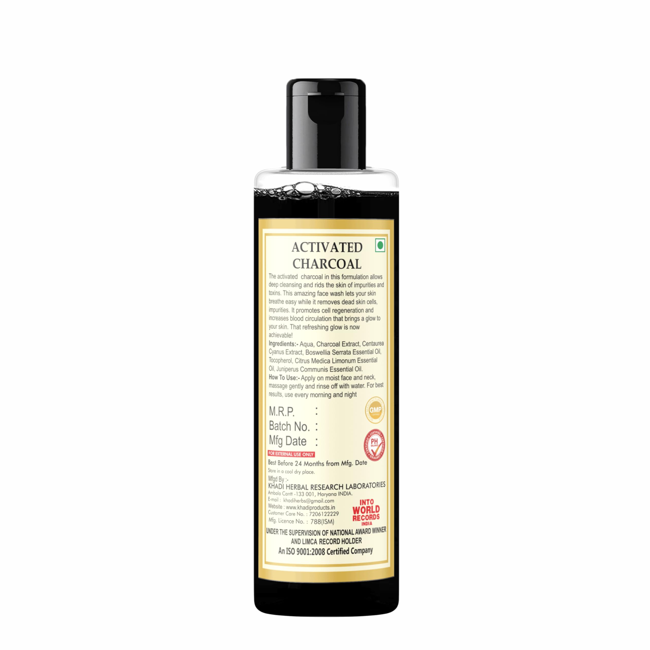 Khadi Natural Activated Charcoal Herbal Face Wash for Men & Women - 210ml | Deep Cleansing & Oil Control | Perfect for Daily Skincare Routine & Acne-Prone Skin