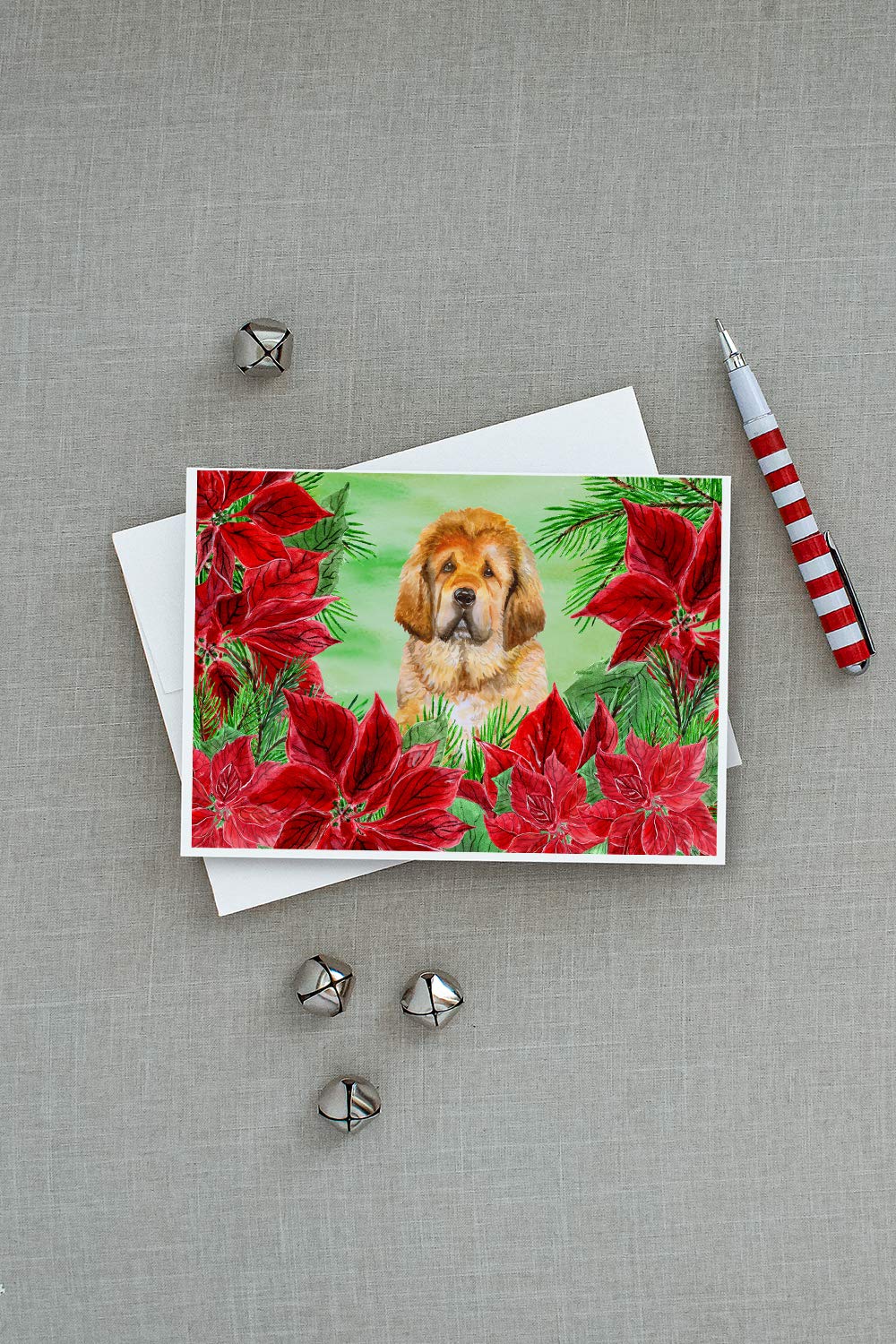 Tibetan Mastiff Poinsettas Greeting Cards - Pack of 8 Blank A7 (5x7) Note Cards with Envelopes | Whimsical Holiday & Christmas Cards for Pet Lovers | Perfect for Gifts, Thank You Notes, and Seasonal Greetings
