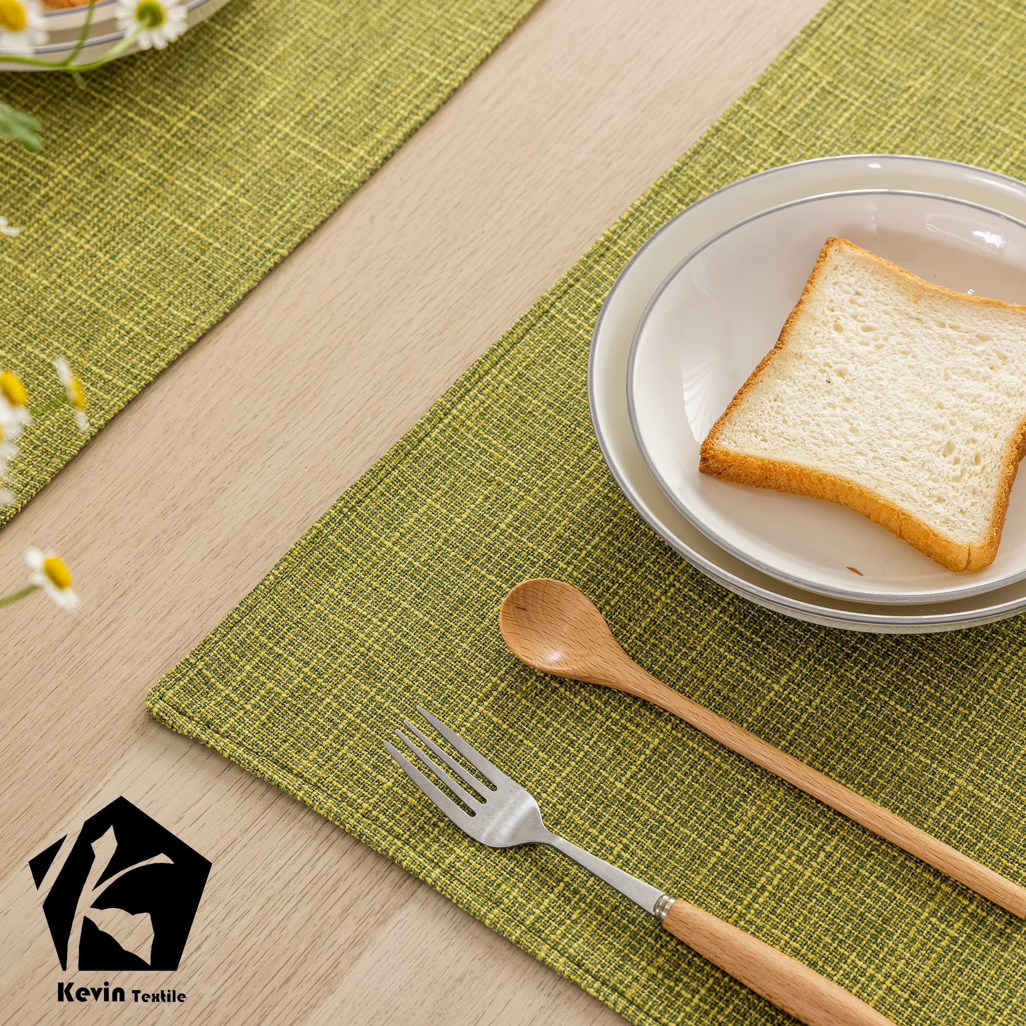 Kevin Textile 4-Pack Spring Burlap Linen Placemats - Heat Resistant 13x19 Inch Table Mats for Dining & Kitchen - Washable Eco-Friendly Place Settings in Linden Green - Perfect for Dinner Parties, Brunch & Everyday Use