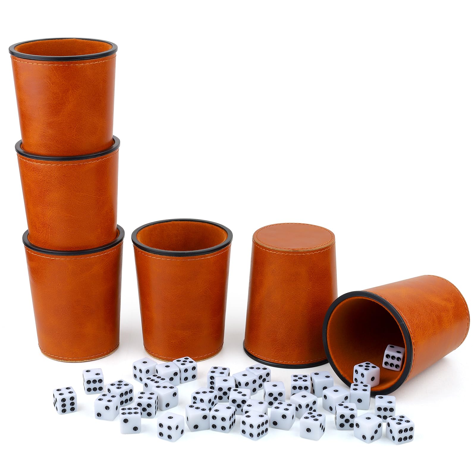Premium PU Leather Dice Cup Set with Soft Felt Lining - 6 Quiet Dice Shakers & 36 Dice for Yahtzee, Farkle, Bar Parties & Family Game Nights - Elegant Brown Gaming Accessories (Perfect for Tabletop Games, Casino Nights & Travel Entertainment)