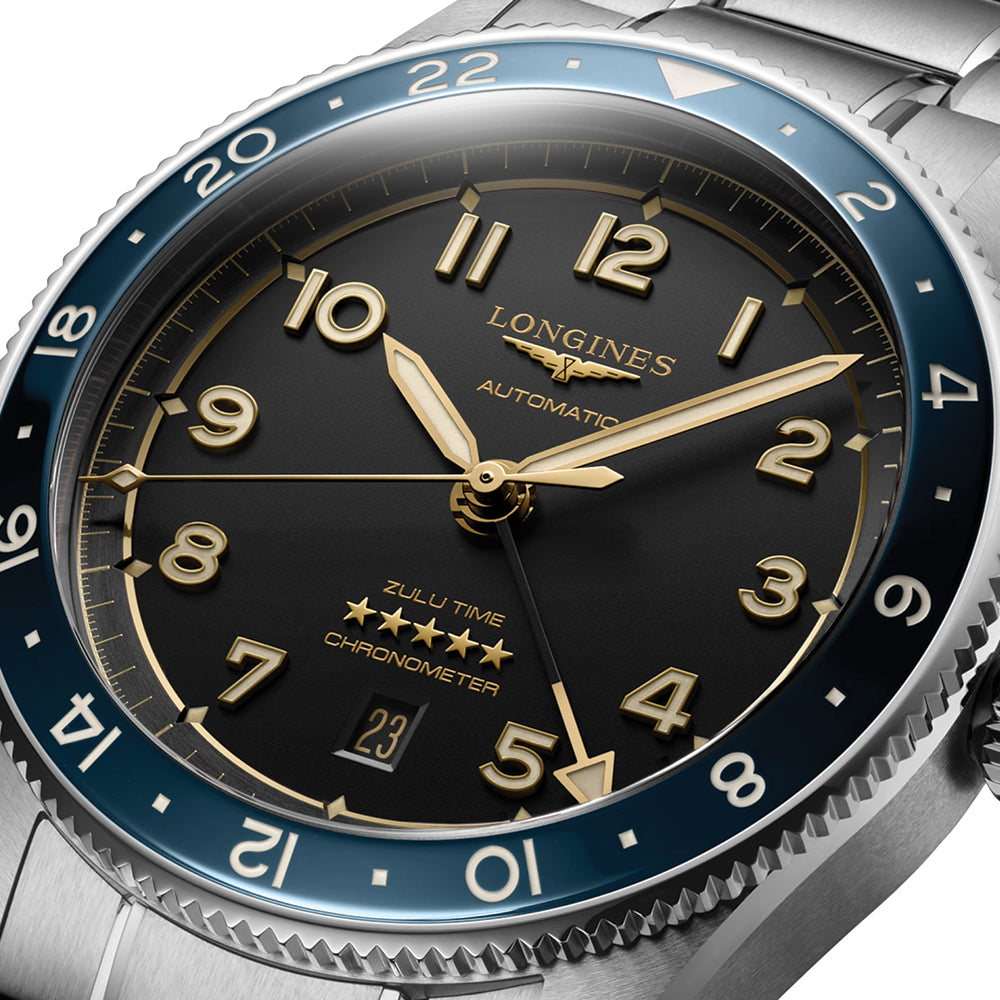Spirit Zulu Time Blue Ceramic Bezel 42mm Men's Watch with Black Stainless Steel Bracelet - Perfect for Business, Travel & Luxury Gift Giving