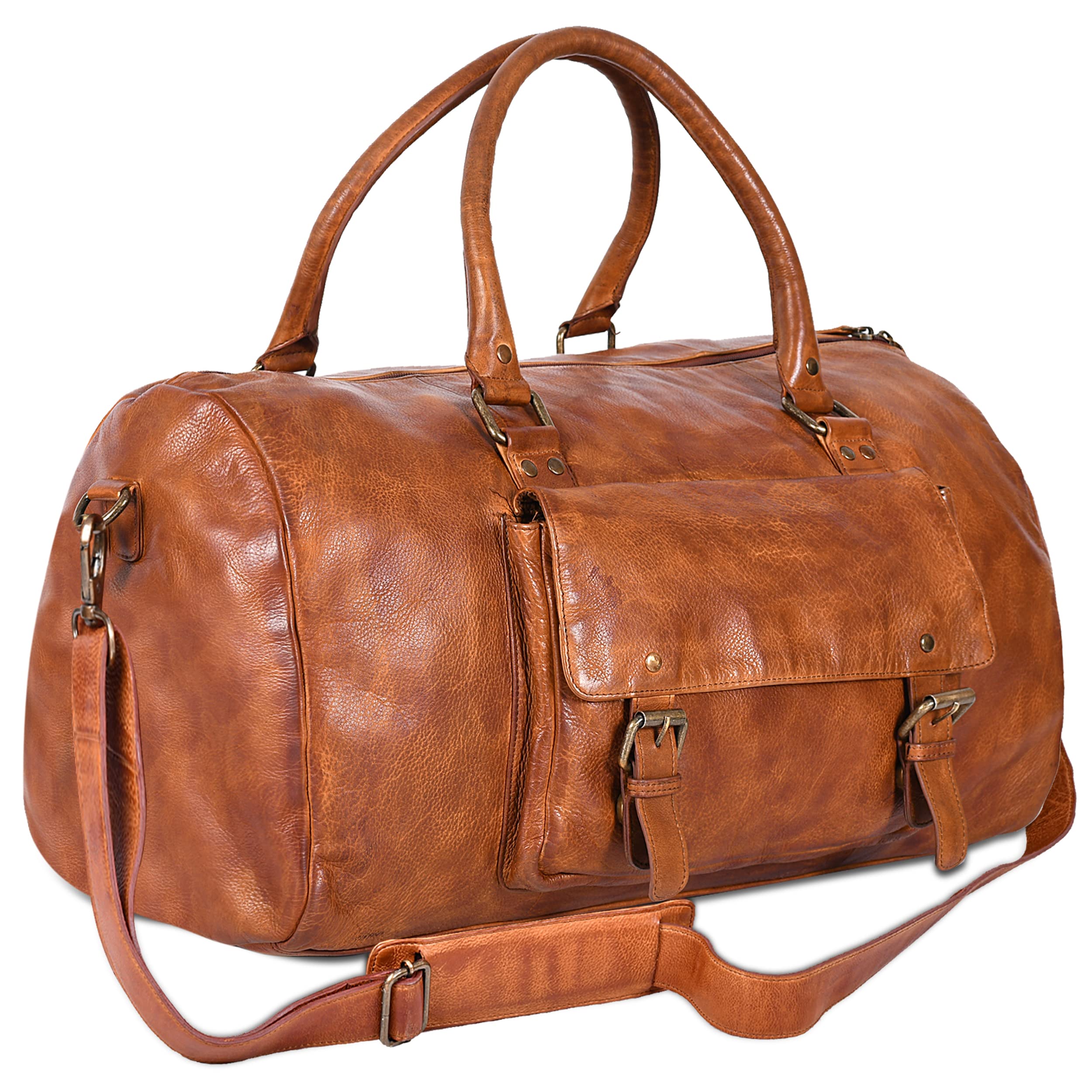 Premium Genuine Leather Weekender Travel Duffel Bag for Men & Women - Large Carry On Luggage for Gym, Sports, Overnight Trips & Business Travel - Perfect for Weekend Getaways, Workouts & Airplane Carry-On