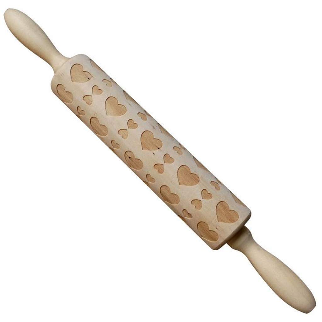Heart-Shaped Wooden Embossing Rolling Pin for Valentine's Day Cookies, Cakes & Bread - DIY Baking Tool for Home Kitchen, Parties & Romantic Gifts (Beige, One Size)