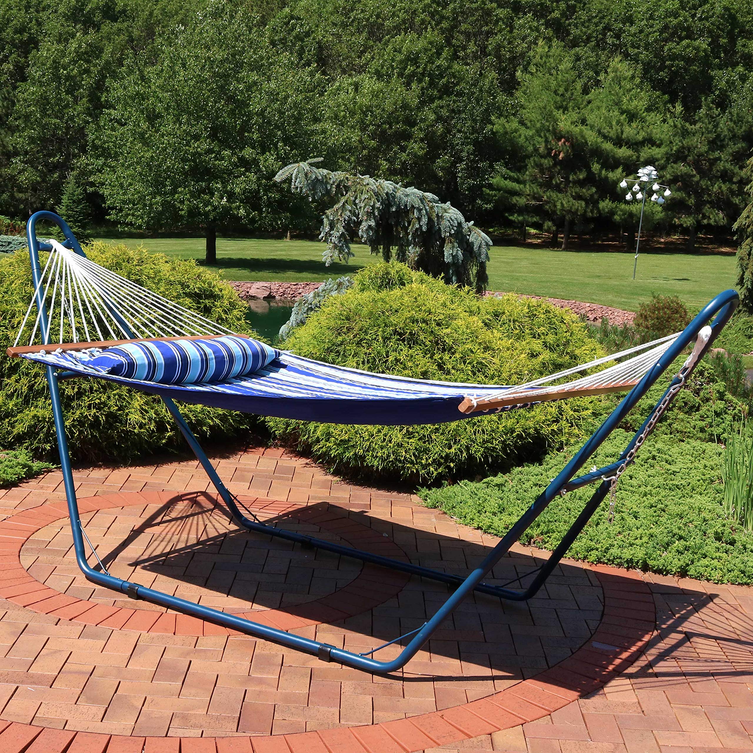 Sunnydaze Double Quilted Fabric Hammock with Universal Steel Stand - 450 lb Weight Capacity - Blue Stand - Catalina Beach Pattern - Perfect for Backyard, Patio, Poolside & Beach Relaxation