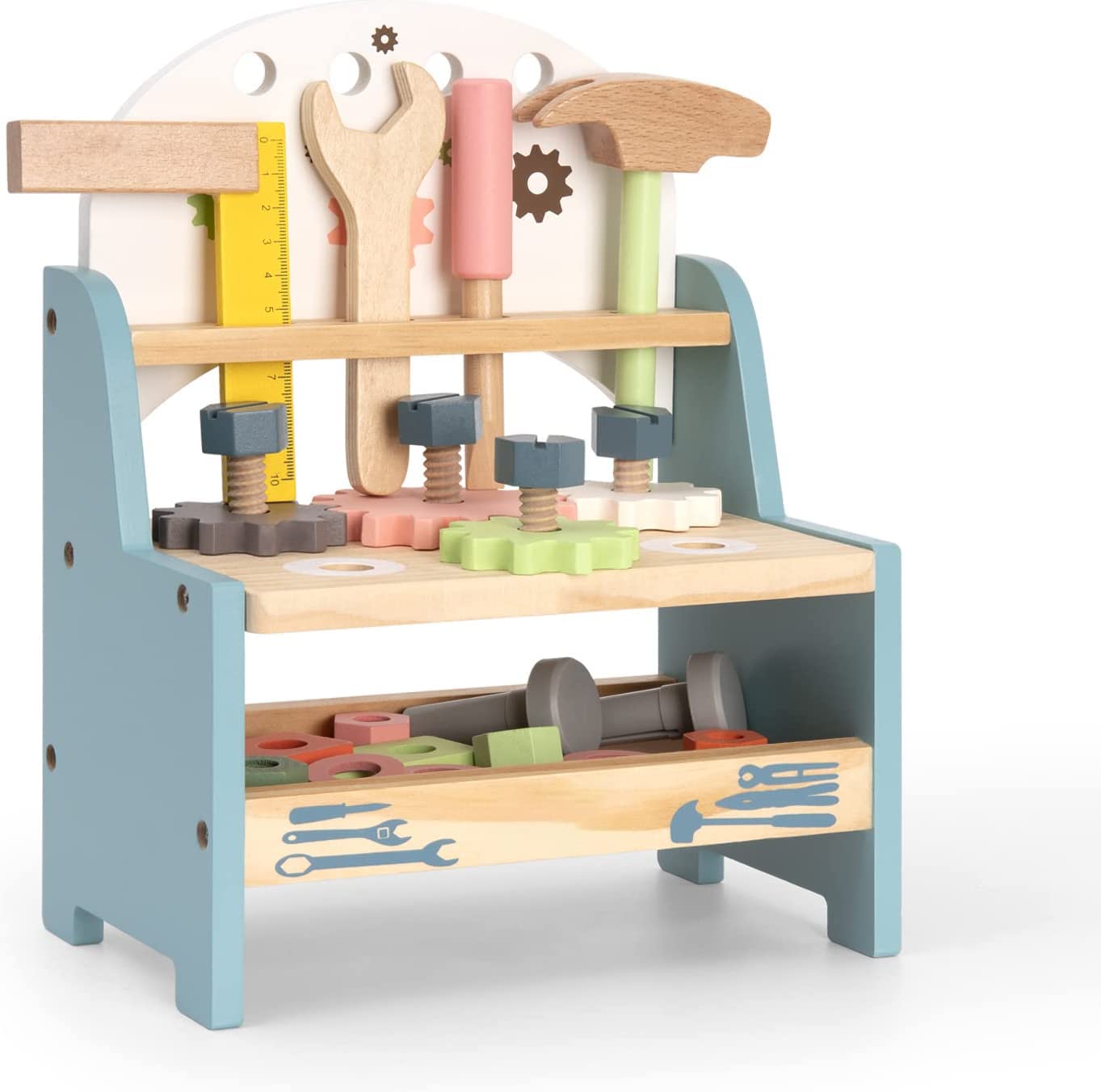ROBOTIME Wooden Tool Bench Set for Kids - Construction Pretend Play Toys with Wooden Tools, Educational Building Toy Gift for Toddlers Ages 18 Months to 5 Years - Perfect for Role Play, Early Learning & Motor Skill Development