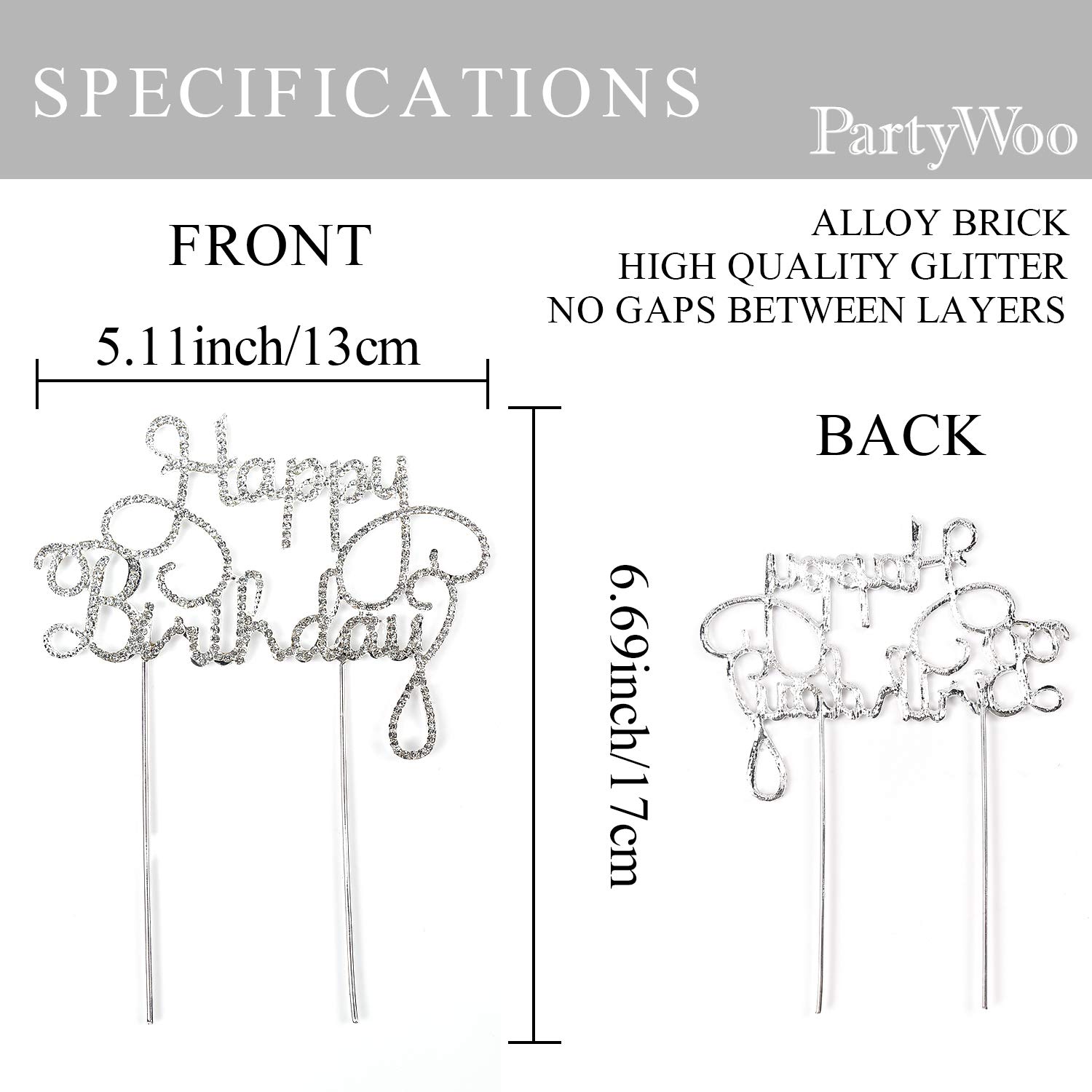 PartyWoo Silver Rhinestone Happy Birthday Cake Topper - 6.7 Inch Reusable Cake Decorations for Birthday Parties, Weddings & Special Celebrations (1 Piece)