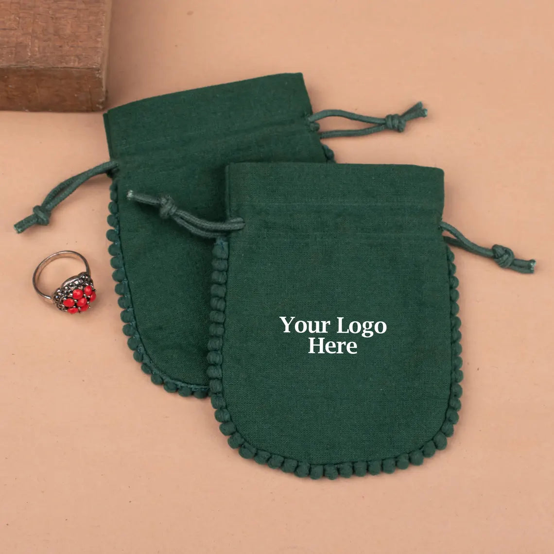 Earthy Forest Green Designer Pouch with Natural Elegant Pom Poms - Perfect for Gift Wrapping, Jewelry Storage & Boho Home Decor