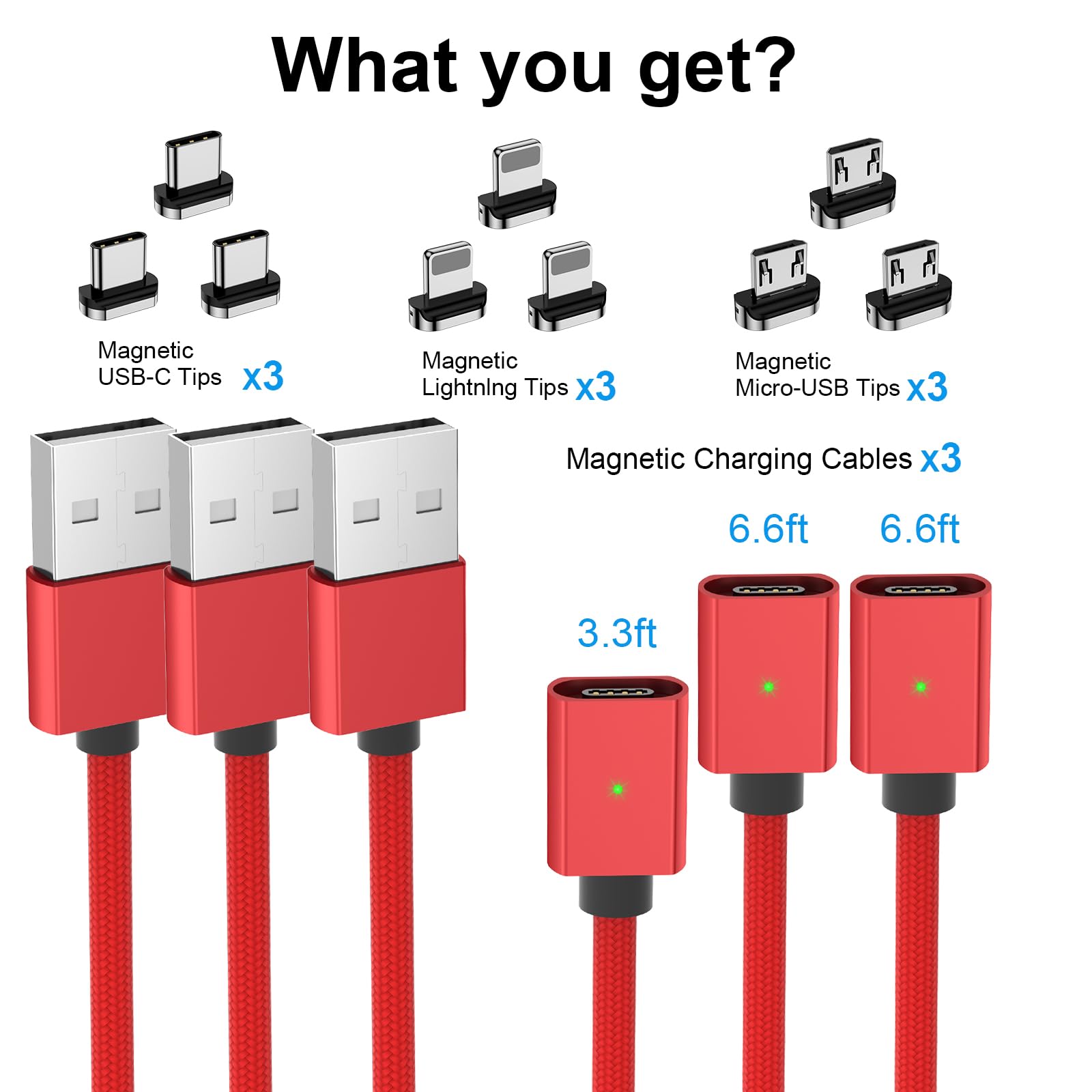 3-Pack Magnetic Charging Cable Set - 3A Fast Charging (3.3ft/6.6ft/6.6ft) with LED Light | Nylon Braided 3-in-1 Magnetic Phone Charger for USB-C & Micro-USB Devices | Perfect for Home, Office & Travel Use - Red
