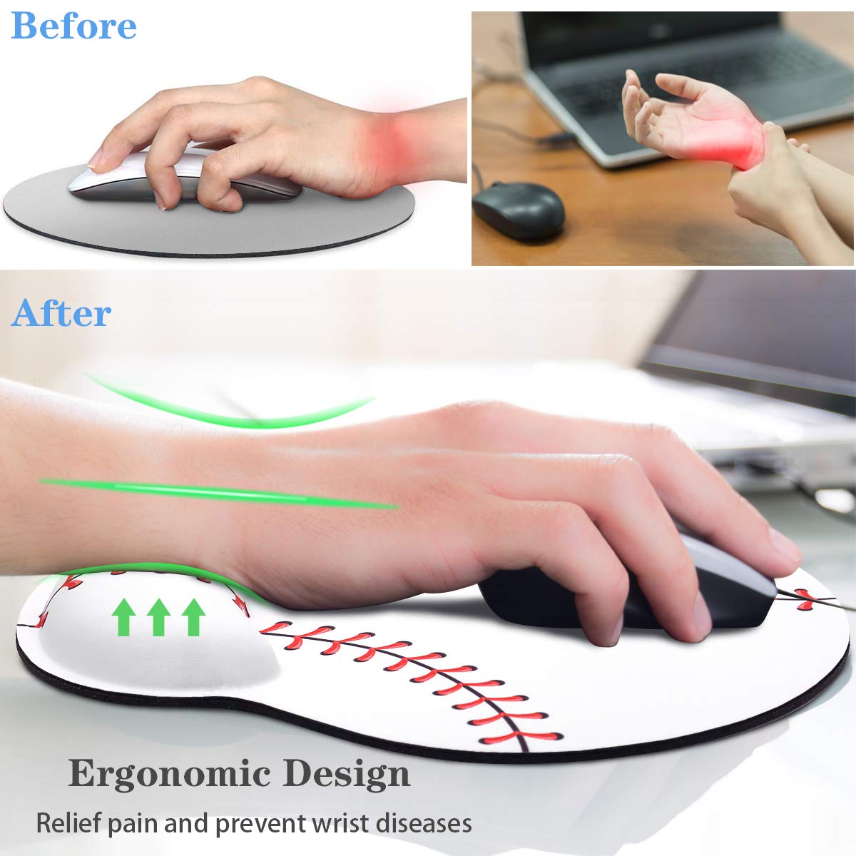 Waveyu Ergonomic Mouse Pad with Wrist Support - Non-Slip Rubber Base Gaming & Office Mousepad for Computer, Laptop & Desk - Perfect for Typing, Gaming & Pain Relief (Baseball Design) - Ideal for Home Office, Gaming Setup & Workstation Comfort