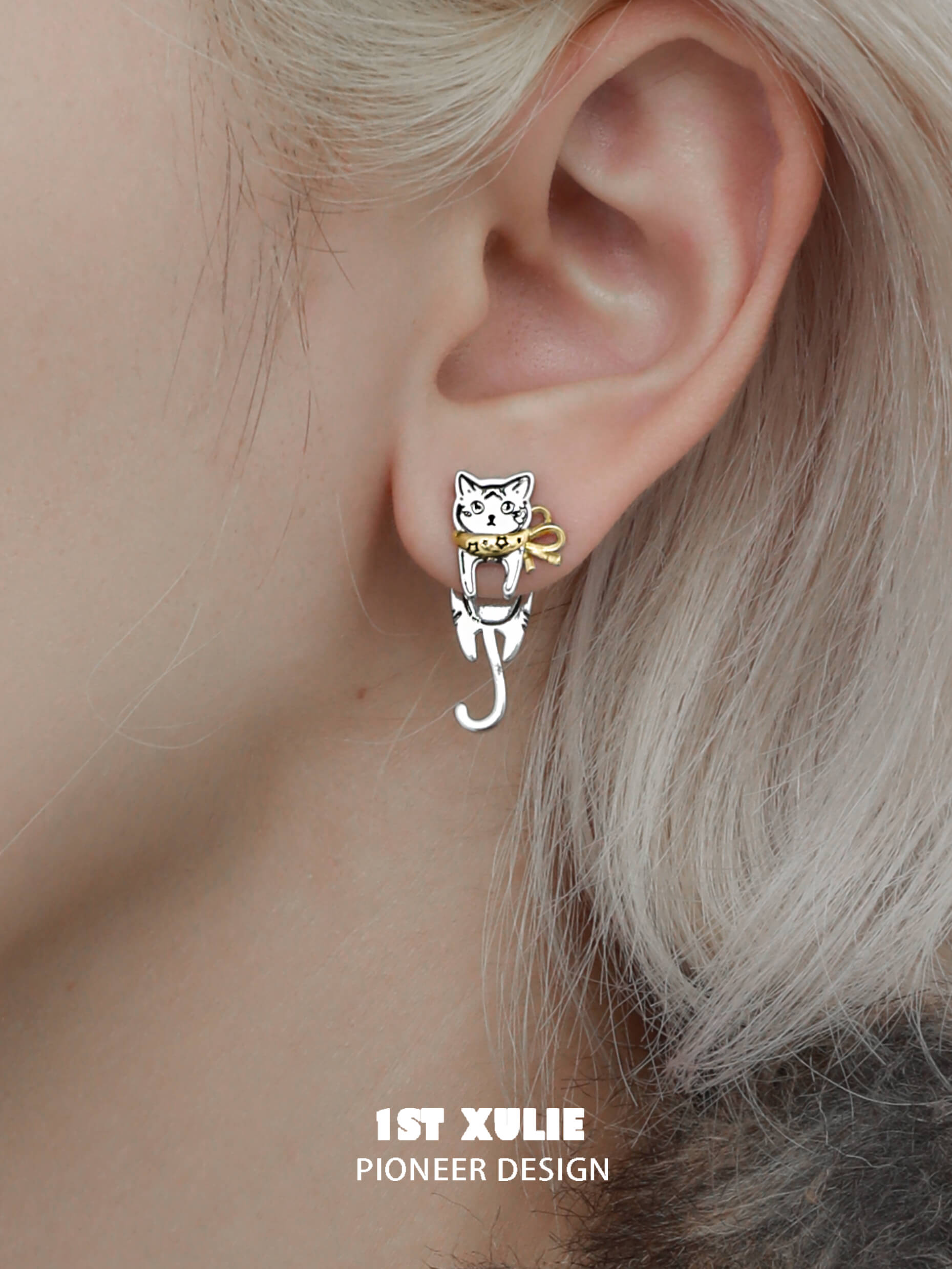 Graffiti Kitten S925 Sterling Silver 18K Gold Plated Cat Earrings for Women - Perfect Gift for Cat Lovers, Birthday, Anniversary & Everyday Wear