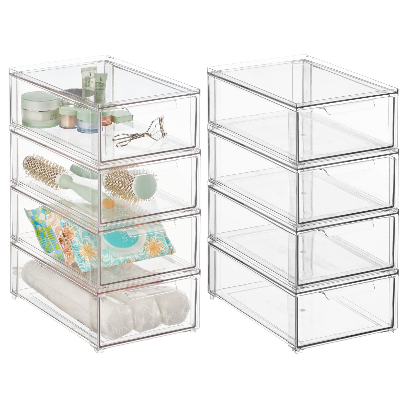 mDesign Clear Plastic Stackable Bathroom Storage Organizer Bins with Pull-Out Drawers - 8 Pack (8
