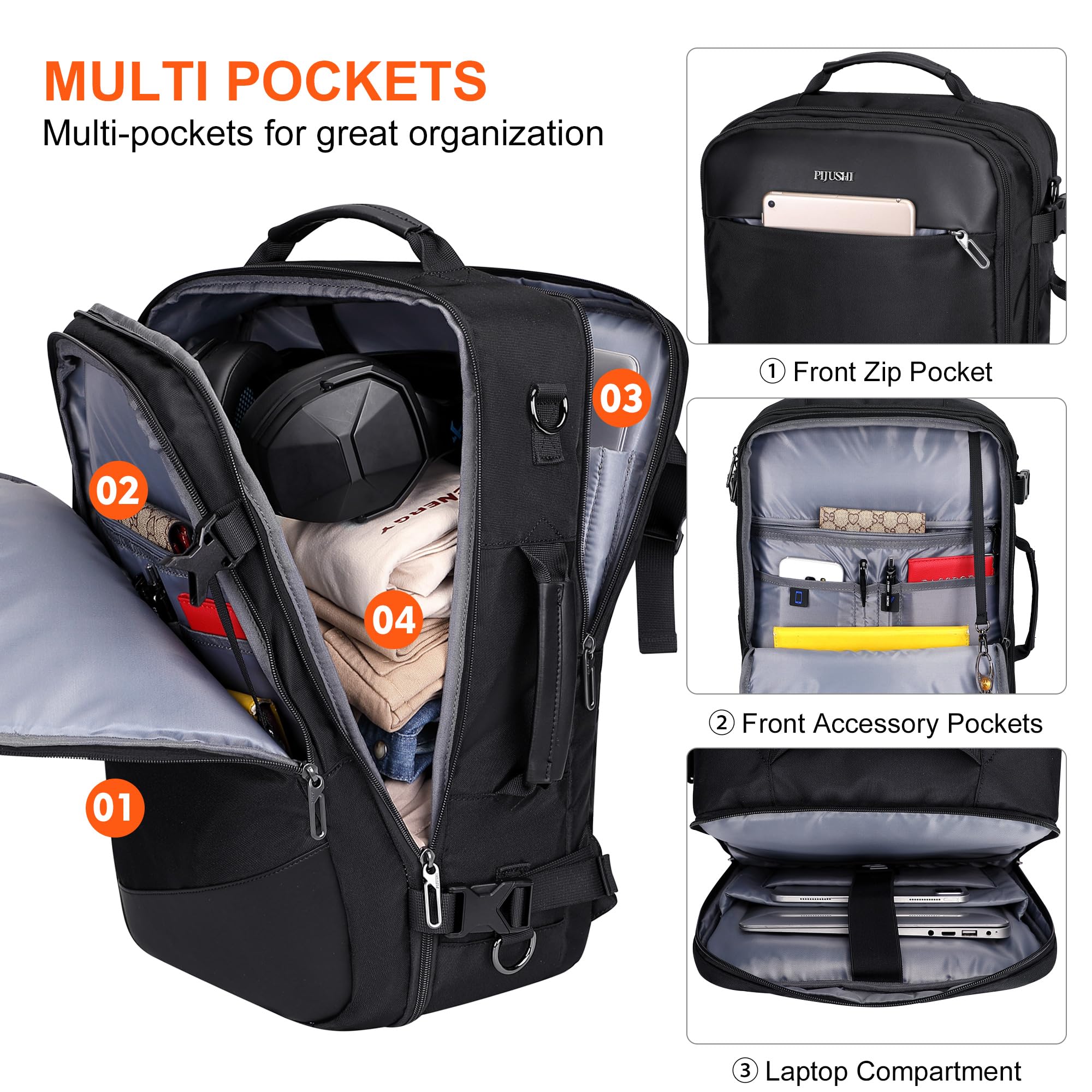 PIJUSHI Large Flight Approved Carry-On Travel Backpack for Women & Men with USB Charging Port - Fits 16 Inch Laptop (PE035 Black) - Perfect for Air Travel, Business Trips & Daily Commute