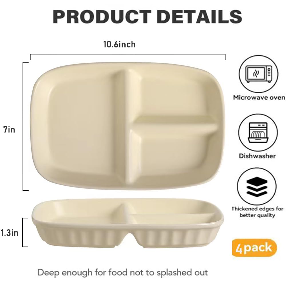 10.5 Inch Divided Plates for Adults - 3 Compartment Portion Control Bariatric Plates | Wheat Straw, Unbreakable & Reusable | BPA Free (4-Pack) | Perfect for Meal Prep, Weight Management & Healthy Eating