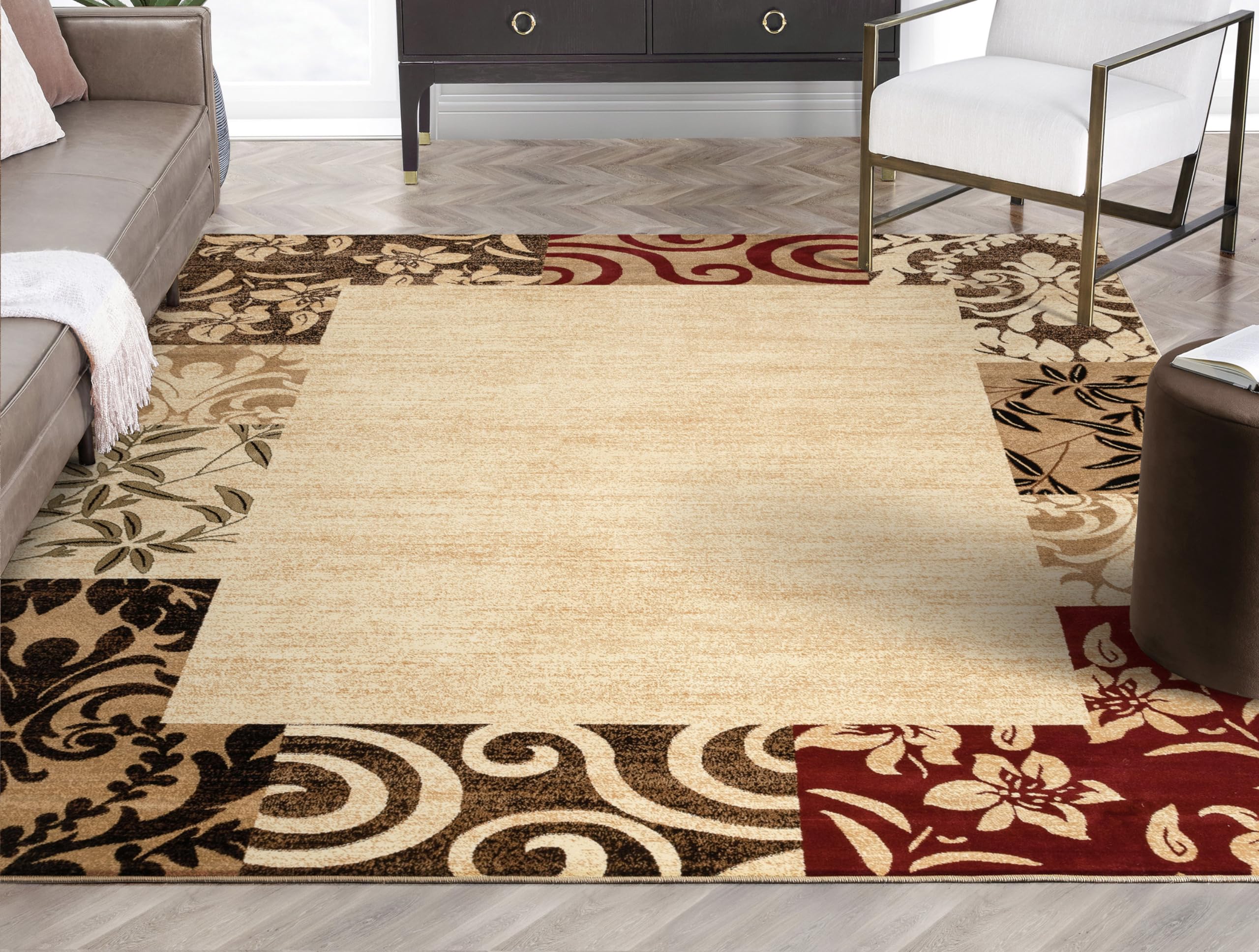 Well Woven Barclay Collection Vane Willow Damask Beige 5x7 Area Rug - Soft Non-Slip Living Room Rug, Bedroom Carpet & Dining Room Floor Mat - Perfect for Home Decor, Apartment, Office & High Traffic Areas