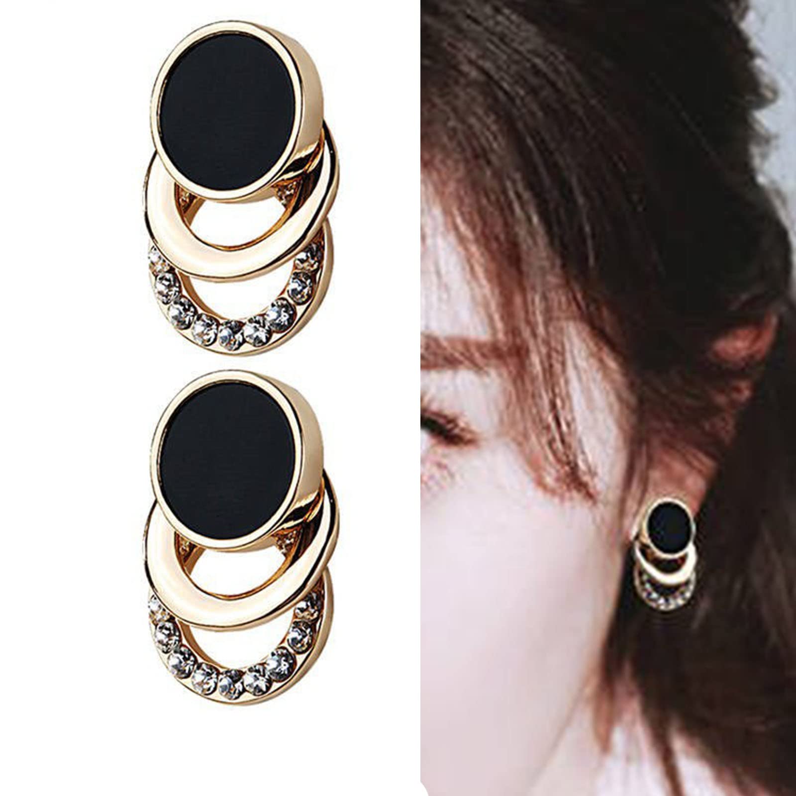 Boho Geometric Hoop Earrings for Women - Gold Crystal Dangle Earrings with Black Dot Studs, Layered Statement Drop Earrings for Wedding, Prom, Party & Everyday Wear