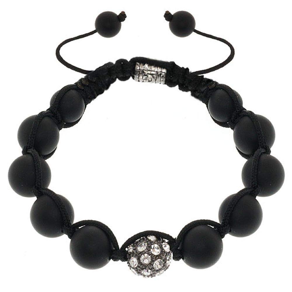 Gem Stone King 12mm Black Onyx & White Crystal Beaded Adjustable Bracelet for Women - Elegant Jewelry Gift for Everyday Wear, Parties & Special Occasions