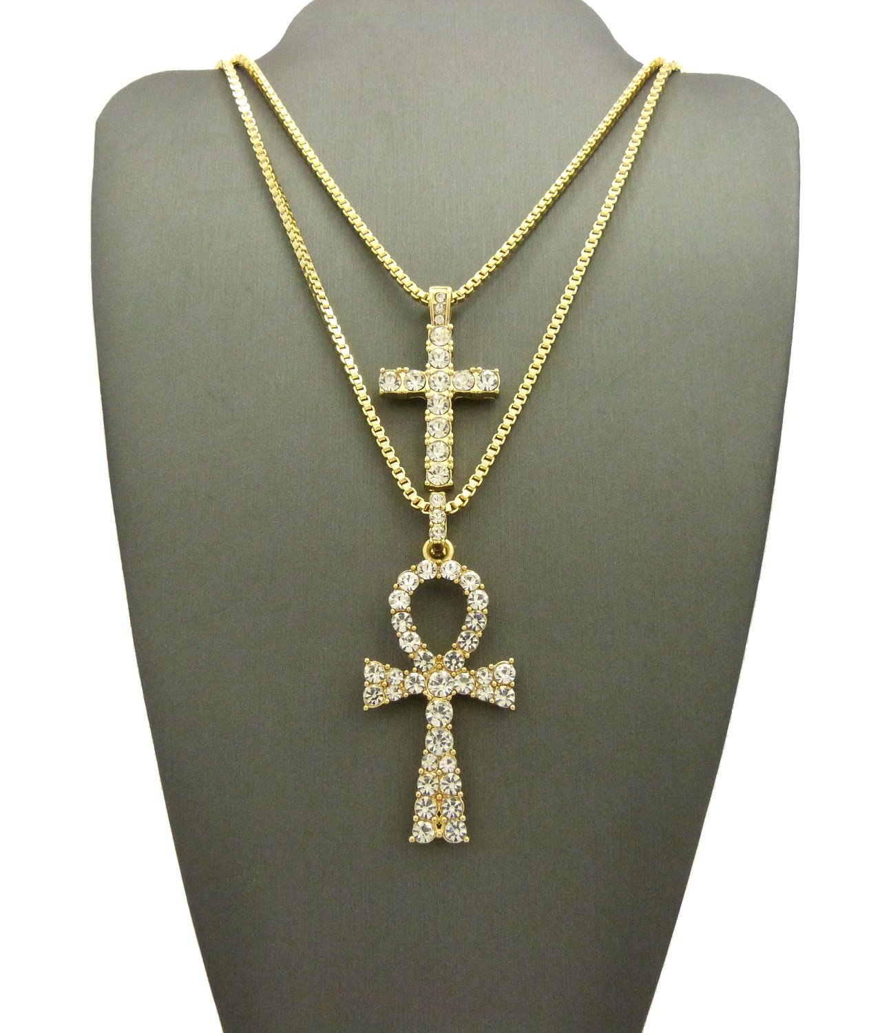 Iced Out Micro Ankh & Cross Pendant Necklace Set - 20