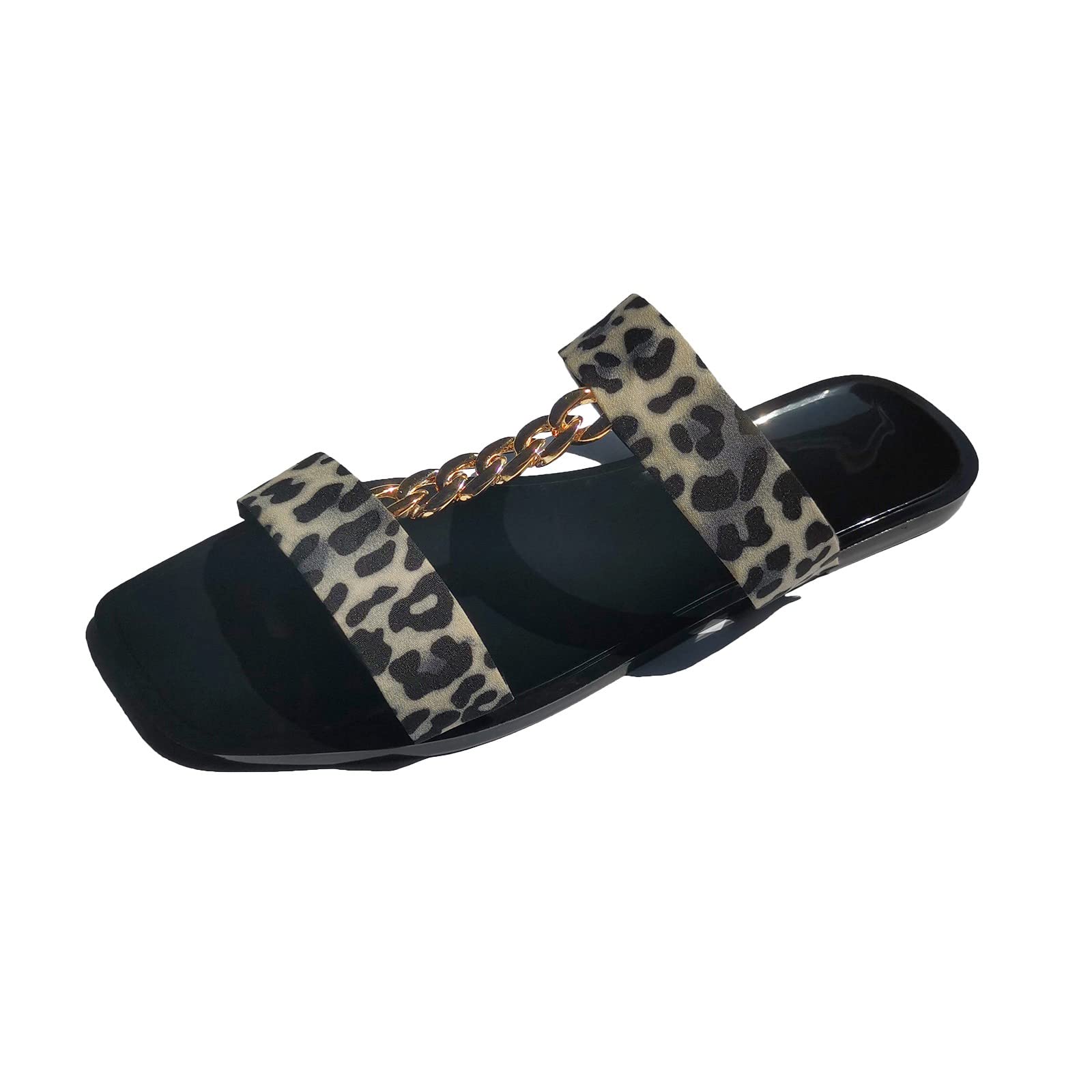 Women's Summer Slippers with Metal Chain Detail - Square Toe Flat Sandals with Arch Support | Comfortable House Shoes for Indoor/Outdoor Wear, Beach, Vacation & Lounge