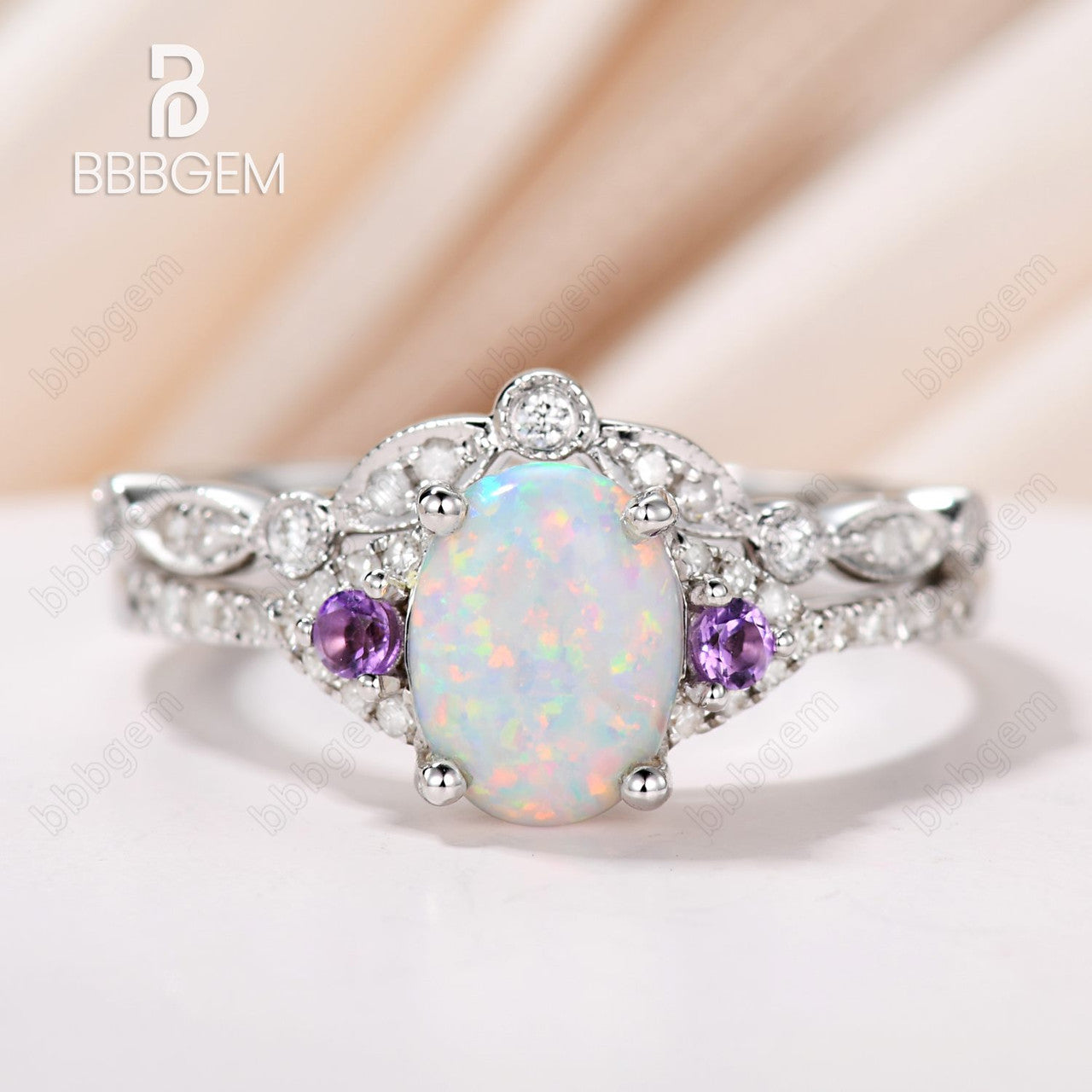 Vintage Art Deco Oval Opal Diamond Engagement Ring for Women - 14K Rose Gold Wedding Band with Amethyst Accent - Perfect for Proposals, Anniversaries & Special Occasions