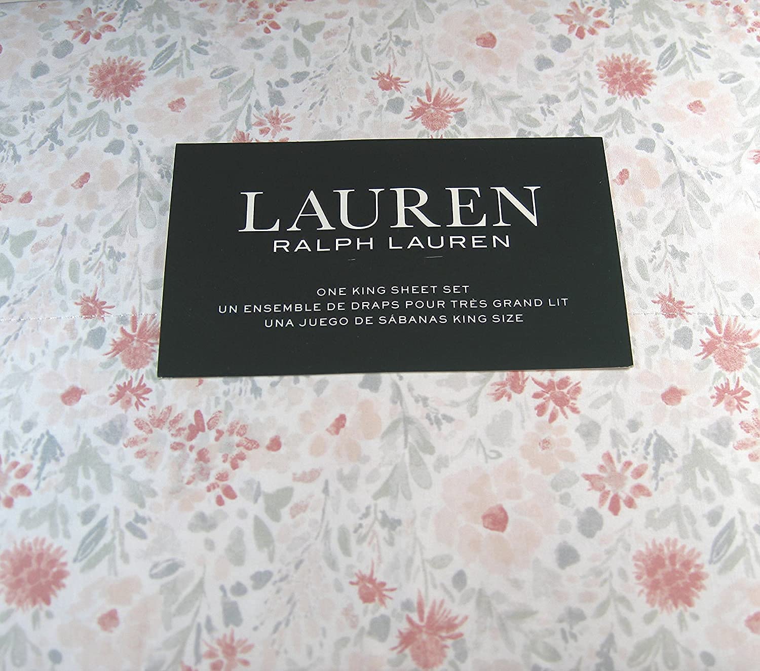 Lauren Ralph Lauren King Size Floral Printed Cotton Sheet Set - Pink and Grey, Soft & Breathable for Ultimate Comfort, Perfect for Master Bedroom, Guest Room or Luxury Hotel