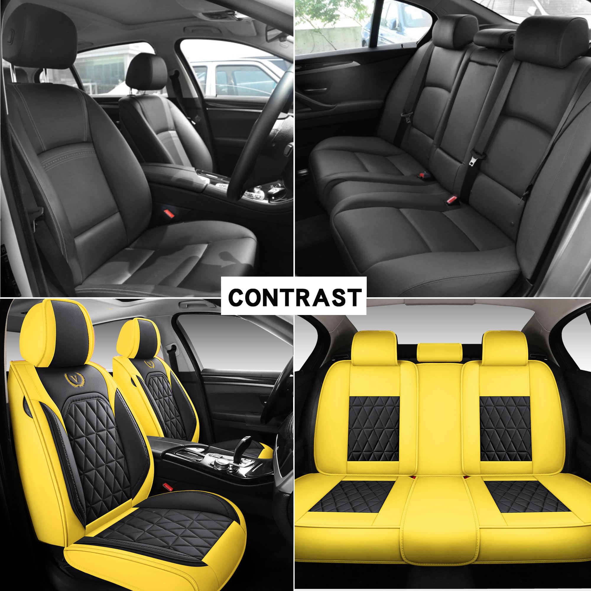 Premium YJZT01 Yellow & Black Leather Car Seat Covers - Waterproof Front & Rear Full Set for Cars, SUVs, Trucks | Universal Fit | Durable Protection for Daily Commute, Road Trips & Off-Road Adventures