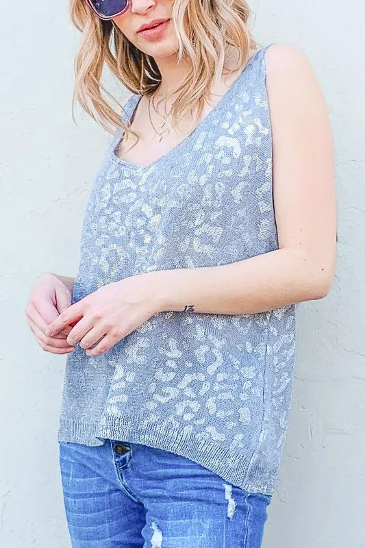 Stylish Leopard Foil Print Sleeveless Sweater Top for Women - Trendy Casual Wear for Parties, Dating & Night Out