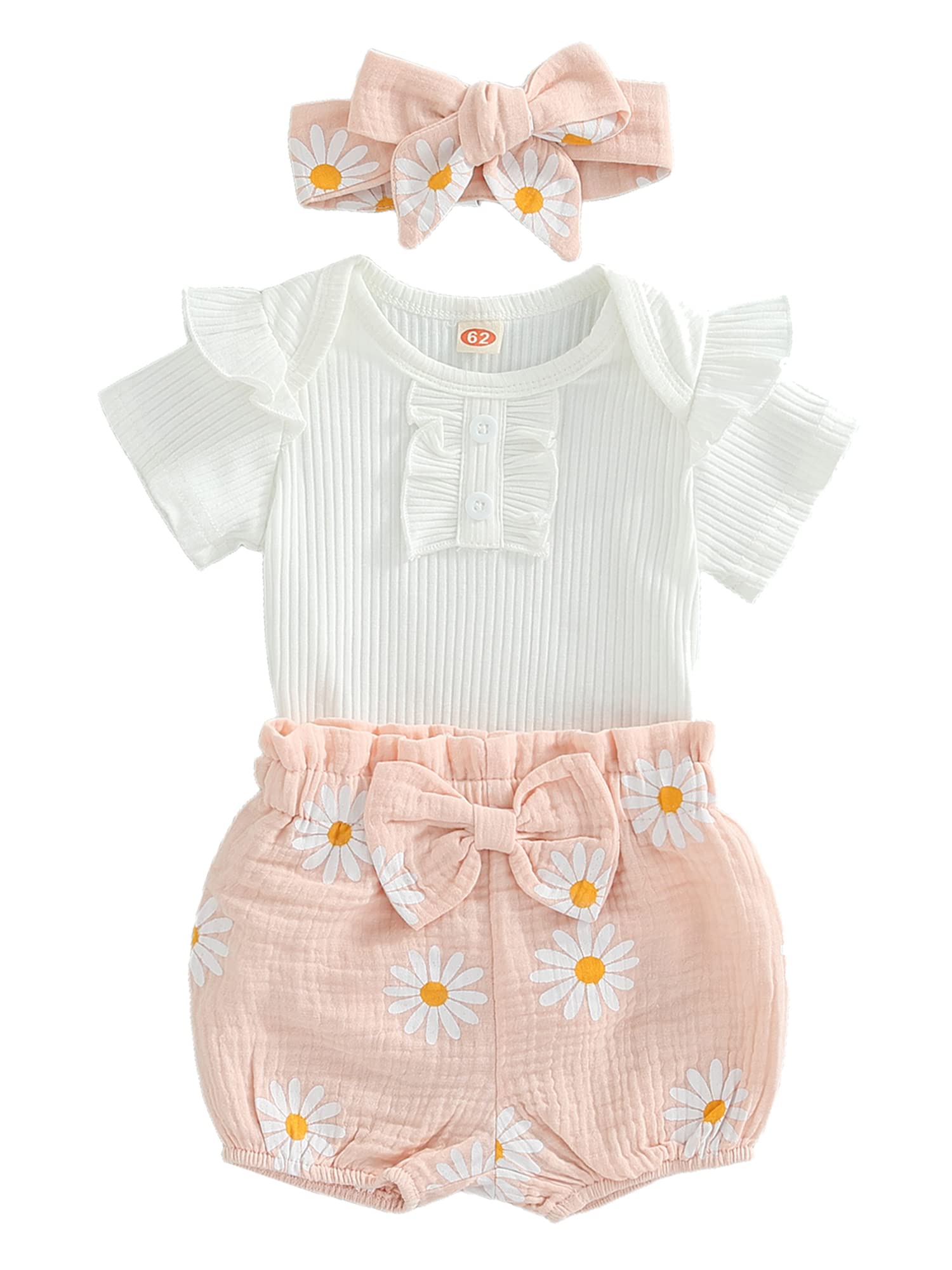 Newborn Baby Girl Short Sleeve Ribbed Ruffle Romper Jumpsuit with Floral Shorts & Headband - Summer Outfit Set for Infant Photography, Family Gatherings & Outdoor Play