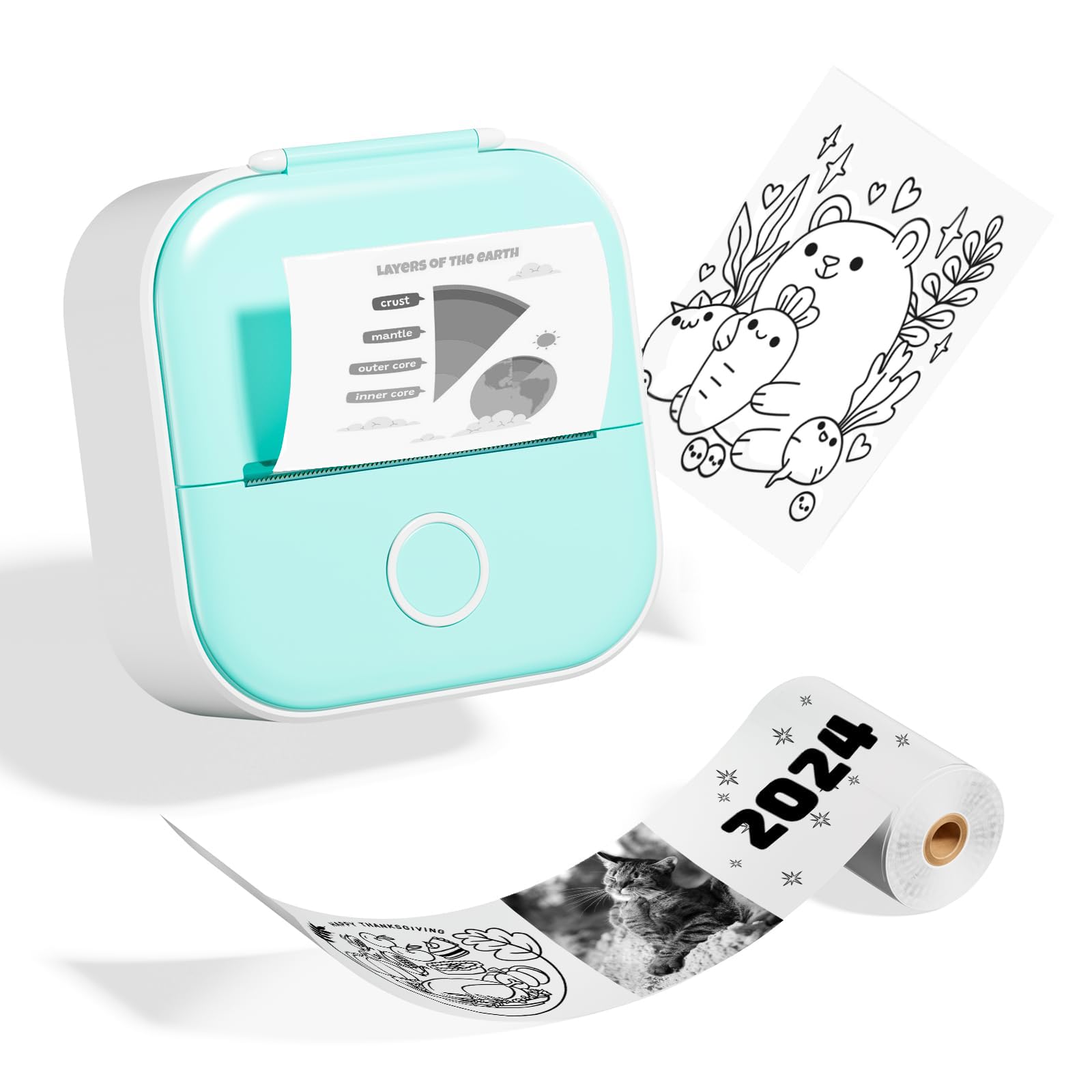 Odaro T02 Mini Thermal Sticker Printer - Portable Bluetooth Sticker Maker with 1 Roll Sticker Paper - Perfect for School Notes, Journals, Coloring Pictures & DIY Crafts - Green (Ideal for Home, Office & Classroom Use)