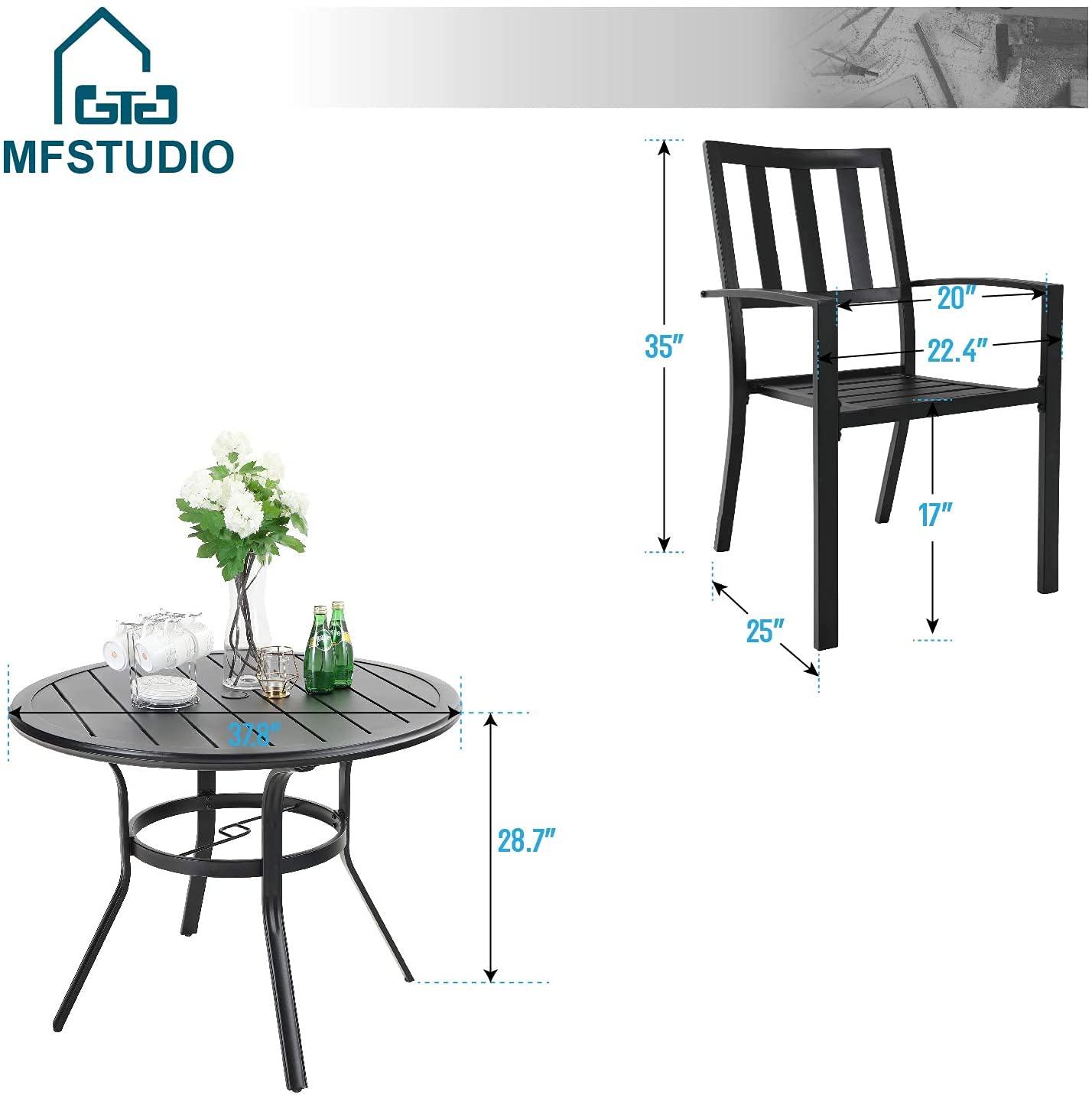 MFSTUDIO 6-Piece Outdoor Patio Dining Set with 4 Steel Slat Chairs, 1 Round Table & 10ft Auto-Tilt Umbrella (Beige) - Perfect for Backyard BBQs, Garden Parties & Poolside Relaxation (Base Not Included)