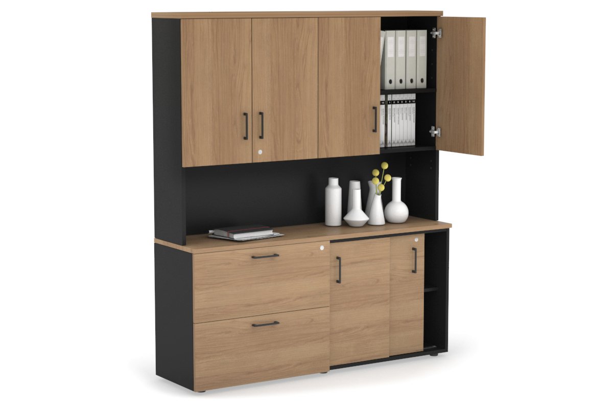 2-Door Sliding Credenza with 2-Drawer Lateral File Cabinet & Hutch - Modern Office Storage Solution for Home or Business Workspaces