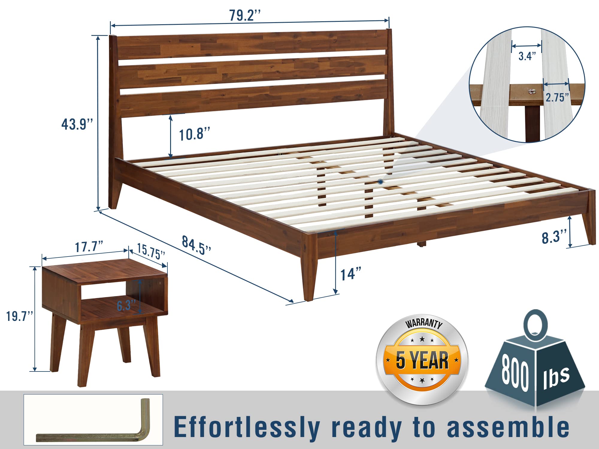 Solid Wood Acacia King Size Bed Frame with High Headboard & Nightstand - 2-Piece Bedroom Set, No Squeak Construction, Easy Assembly in One Box (Walnut Finish) - Perfect for Master Bedrooms, Guest Rooms & Small Spaces