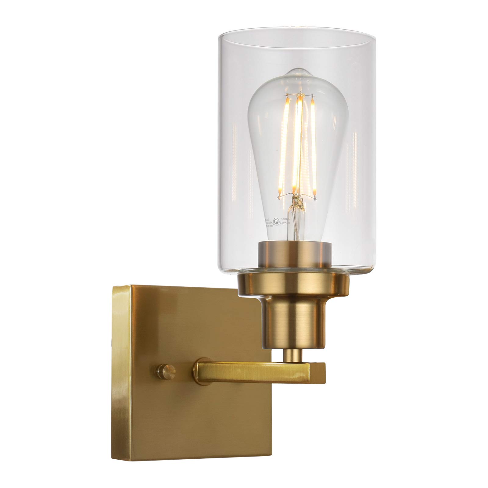 MELUCEE Brushed Brass Wall Sconce with Clear Glass Shade - 1-Light Vanity Bathroom Lighting, Hallway & Bedroom Wall Fixture for Modern Home Decor