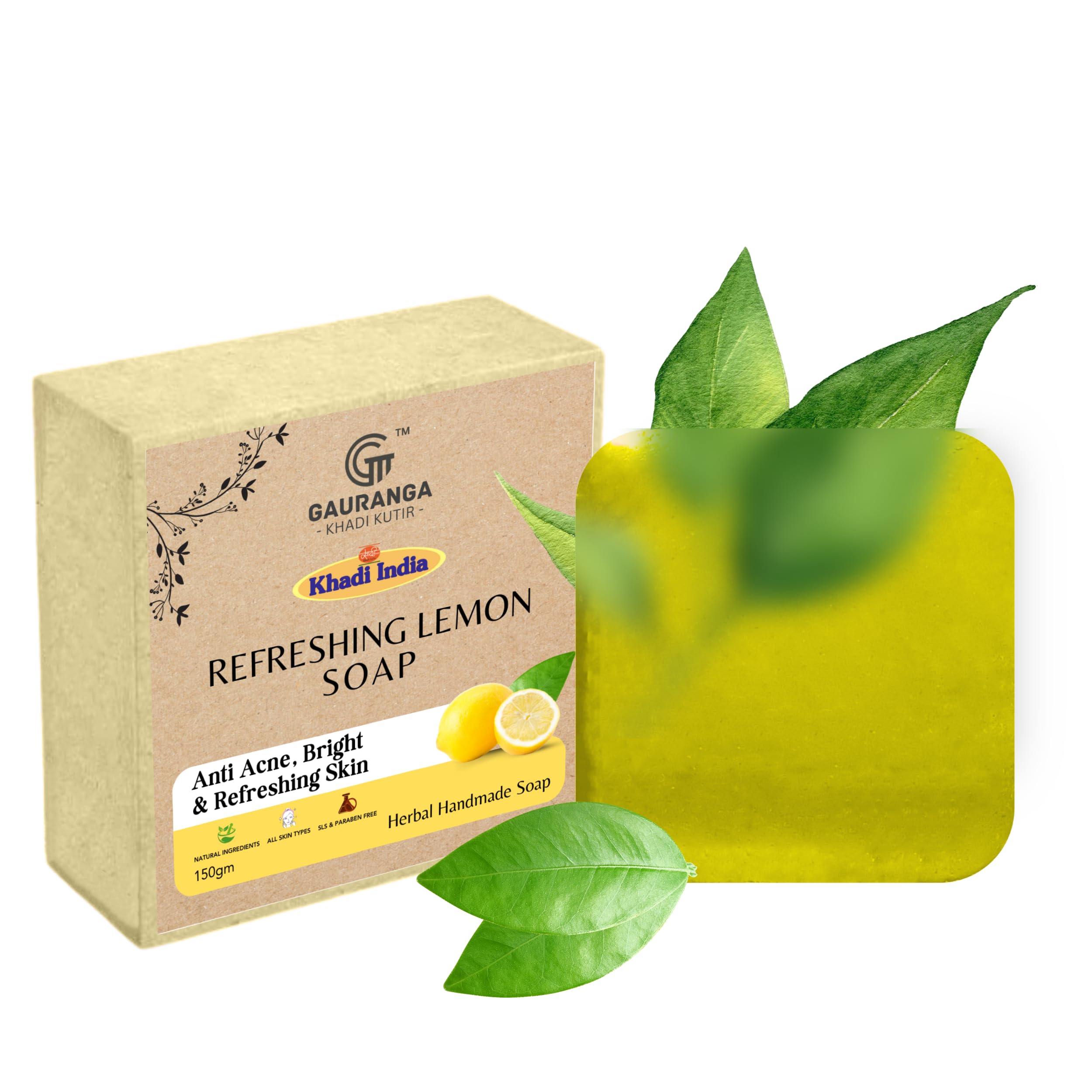 Khadi Lemon Handmade Premium Soap 150g - All Natural, Fresh Citrus Scent for All Skin Types | Moisturizing Bath & Shower Soap for Daily Skincare Routine