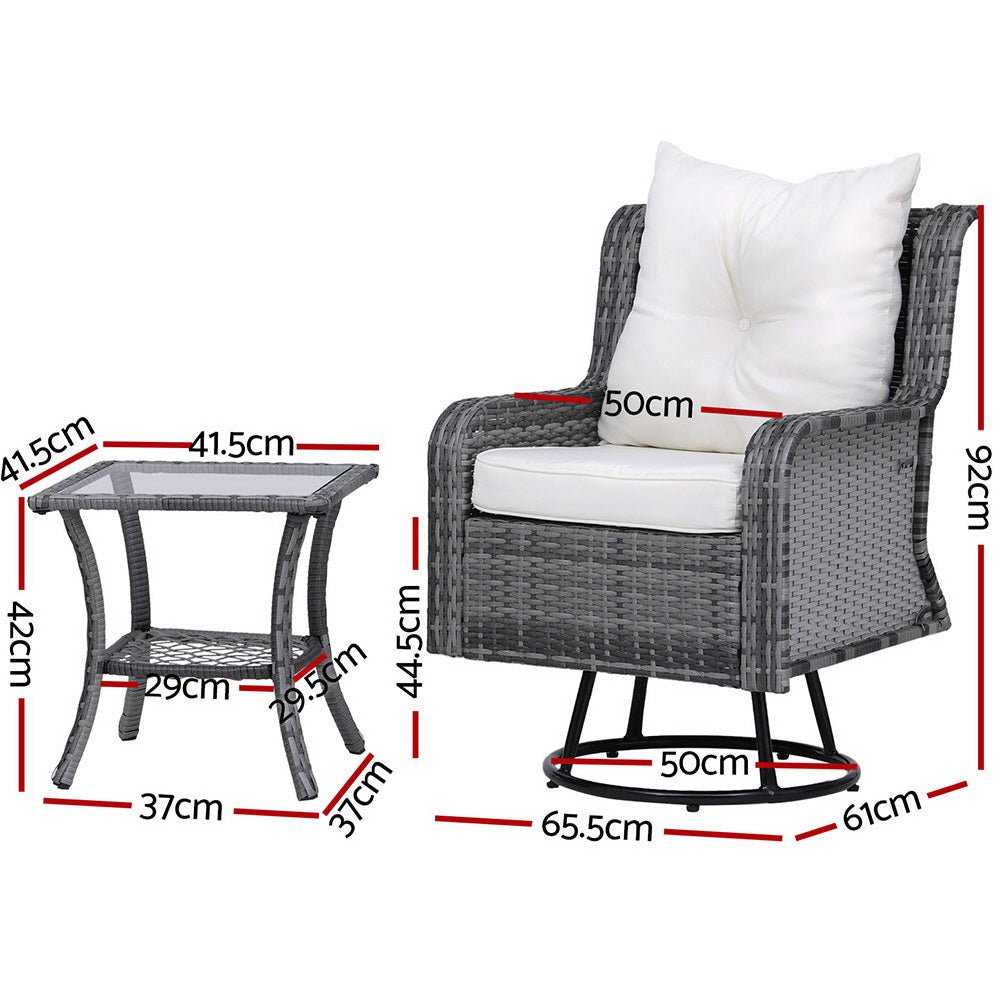 3-Piece Outdoor Patio Furniture Set - Wicker Bistro Table with 2 Swivel Chairs & Cushions in Gray - Perfect for Garden, Balcony, and Poolside Relaxation