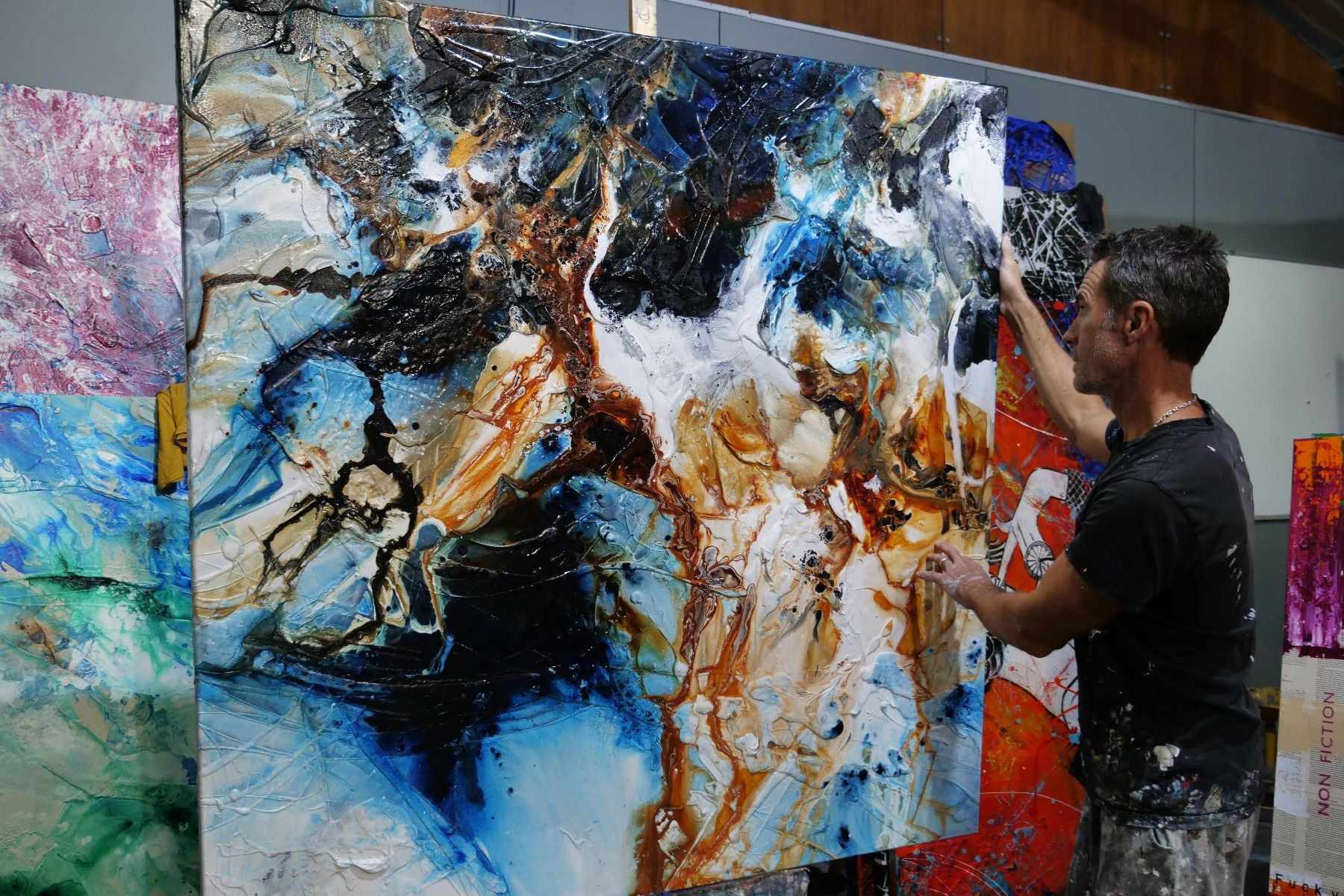 150cm x 150cm Rust, Black, Blue Textured Abstract Wall Art Painting - Modern Home Decor for Living Room, Bedroom & Office